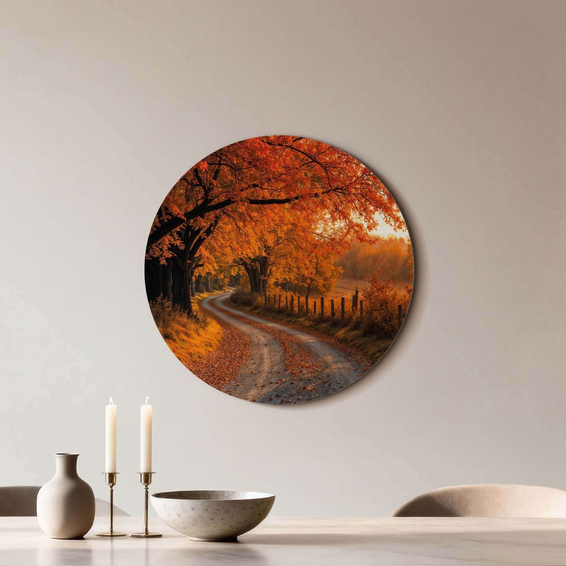 Herbstkurve - Wandbild mit Herbstlandschaft, warmen Tönen und gewundenem Pfad, ideal für Küche, Esszimmer oder Wohnzimmer. Wandbild Dekoration.