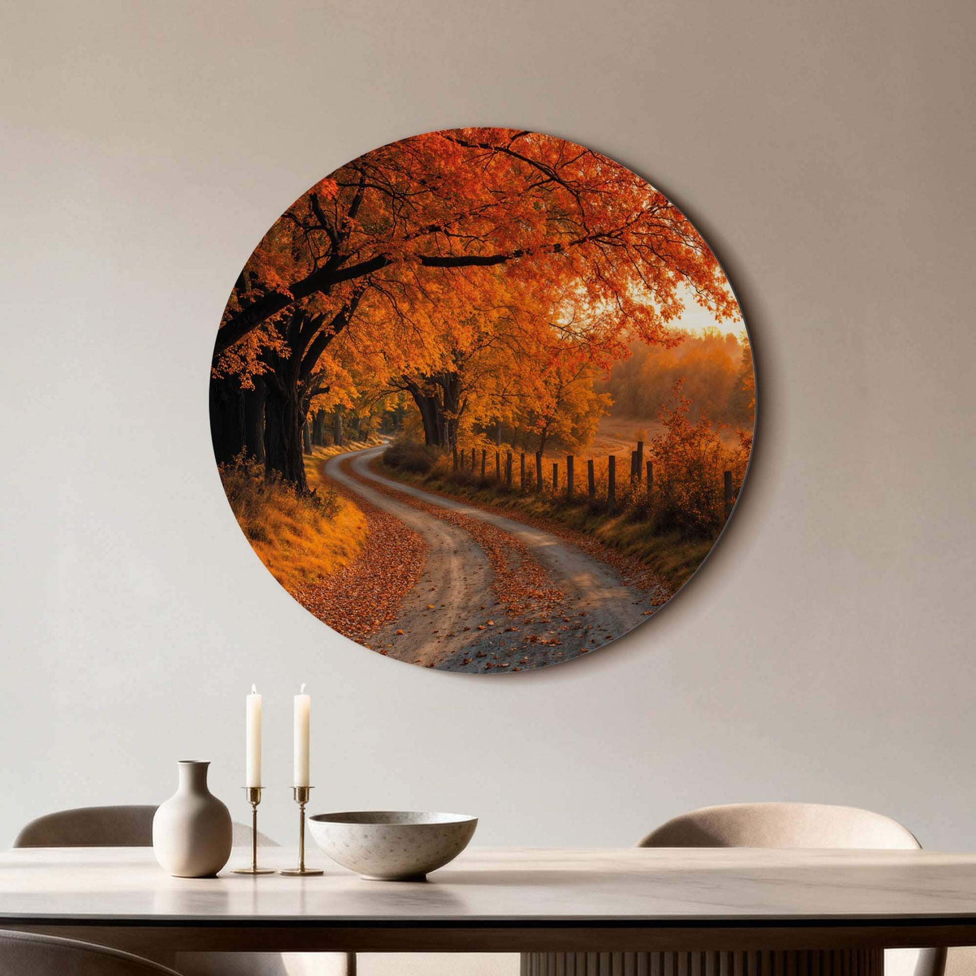 Wandbild "Autumn Curve - Wandbild" mit Herbstlandschaft und warmem Licht, ideal für Küche, Esszimmer oder Wohnzimmer.