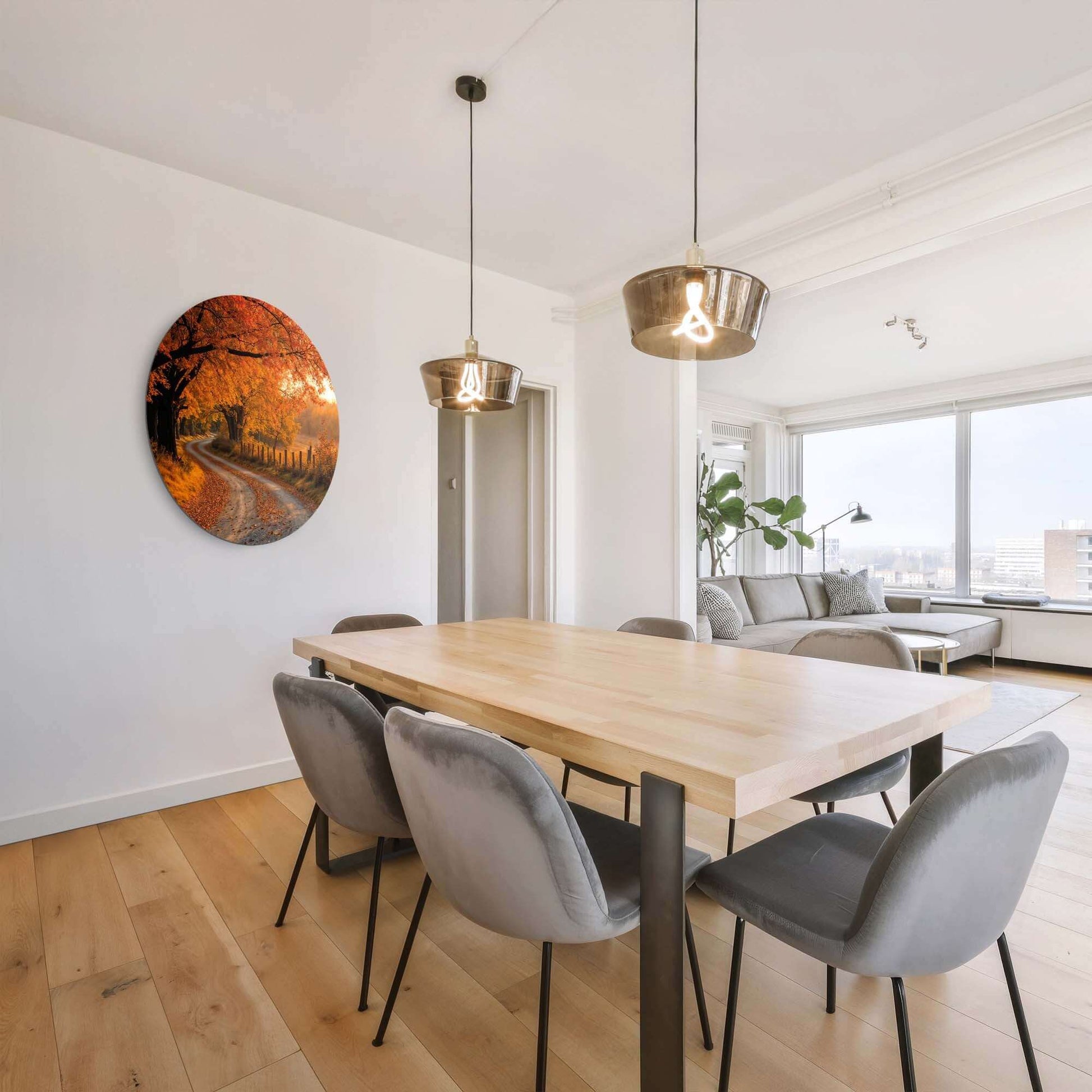 Esszimmer Wanddekoration "Autumn Curve - Wall Circle", die eine Herbstlandschaft zeigt, perfekt für Küche, Esszimmer und Wohnzimmer.