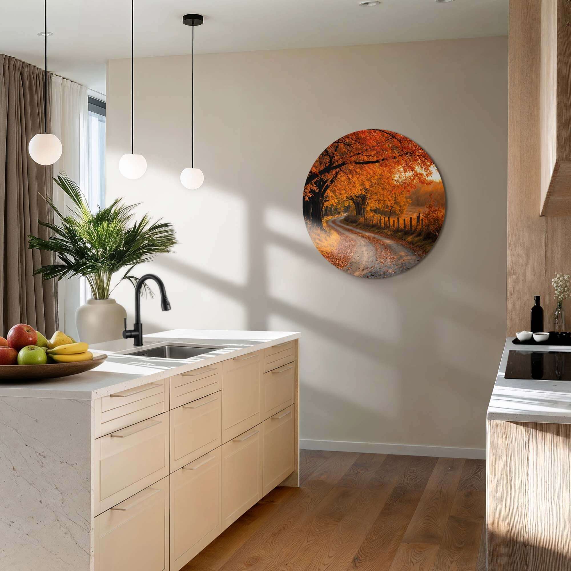 Autumn Curve - Wandbild in moderner Küche, warme Herbstfarben und gewundener Pfad. Perfekte Wanddekoration für Küche und Esszimmer.