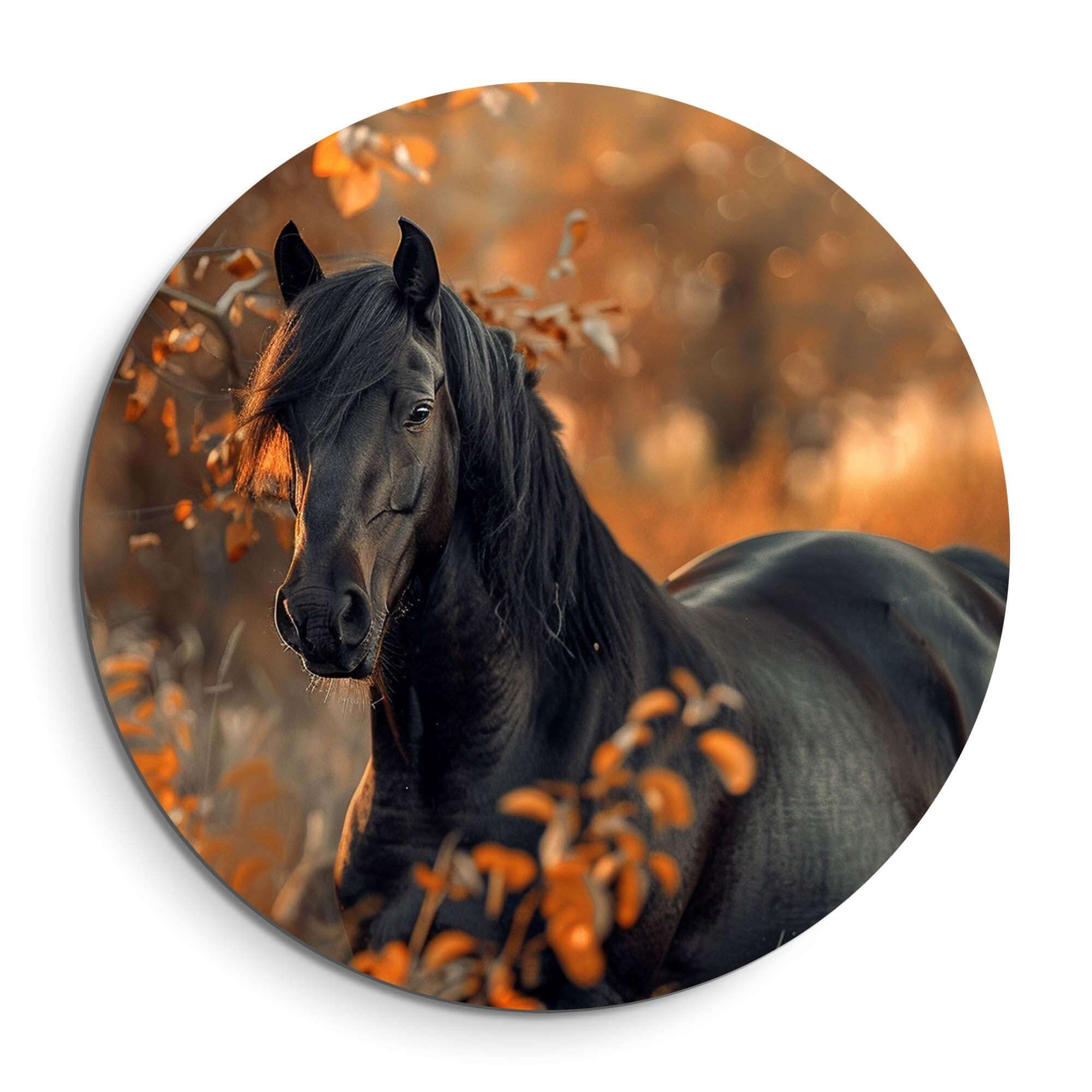 Autumn Majesty - Wandbild mit einem eleganten schwarzen Pferd in Herbsttönen und natürlicher Schönheit.