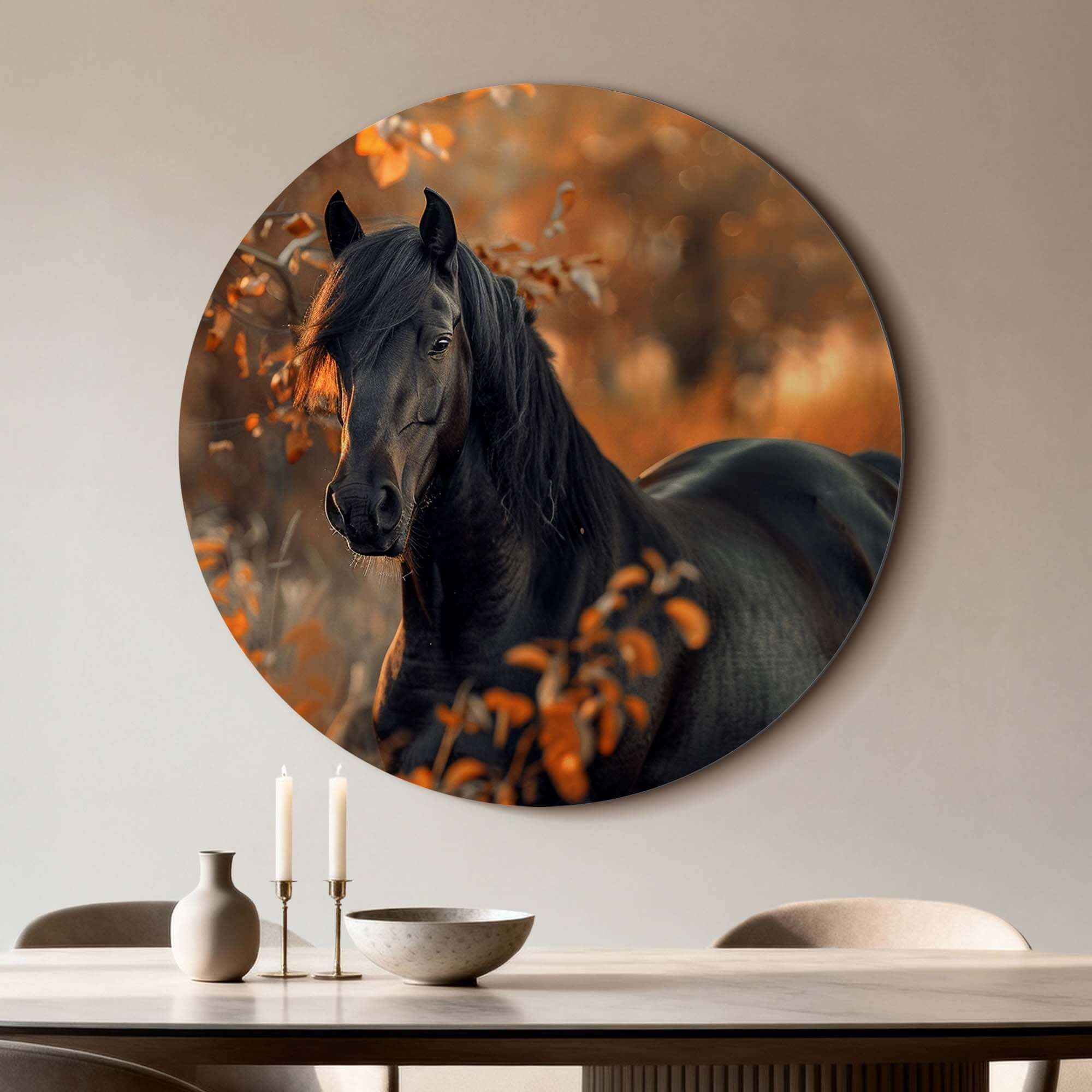 Autumn Majesty - Wandbild mit einem kräftigen schwarzen Pferd in Herbstfarben.