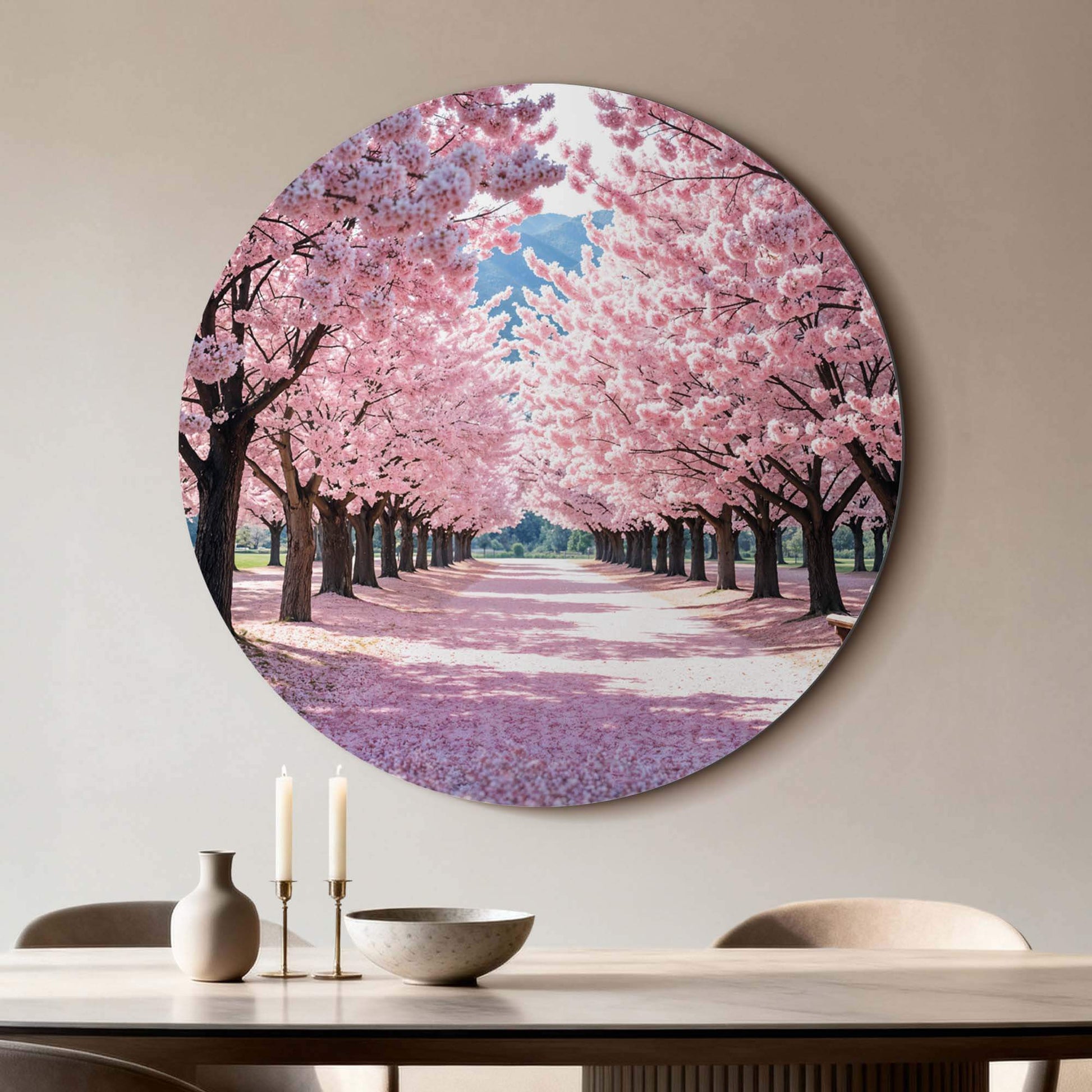 Blossom Avenue - Wandbild mit rosa Blütenweg, ideal als Wanddekoration in Küche, Esszimmer oder Flur. Wandbilder und Wandbilddekor.