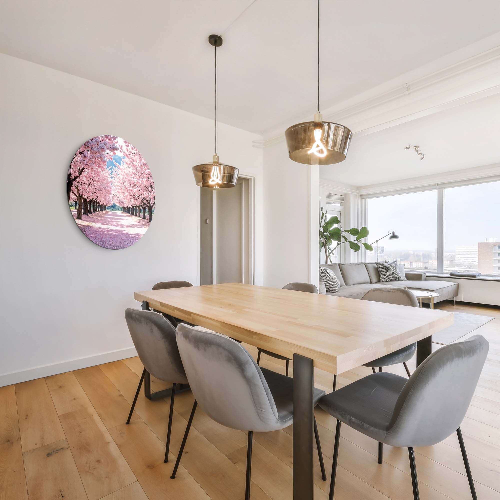 Interieur mit Blossom Avenue - Wandbild, rosa Blütenkissen Dekoration, für Küche, Esszimmer oder Flur. Enthält Wall Circle und Wall Circle.