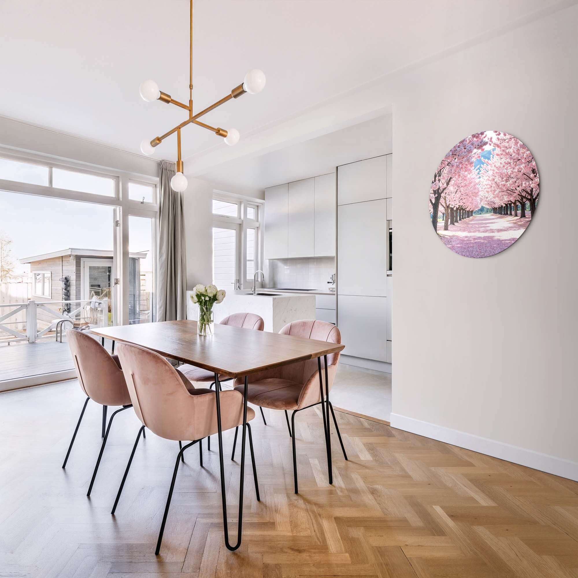 Interior with Blossom Avenue - Wandbild mit rosa Blüte, idealer Wandbild für die Küche oder das Esszimmer. Wandbild Dekoration.