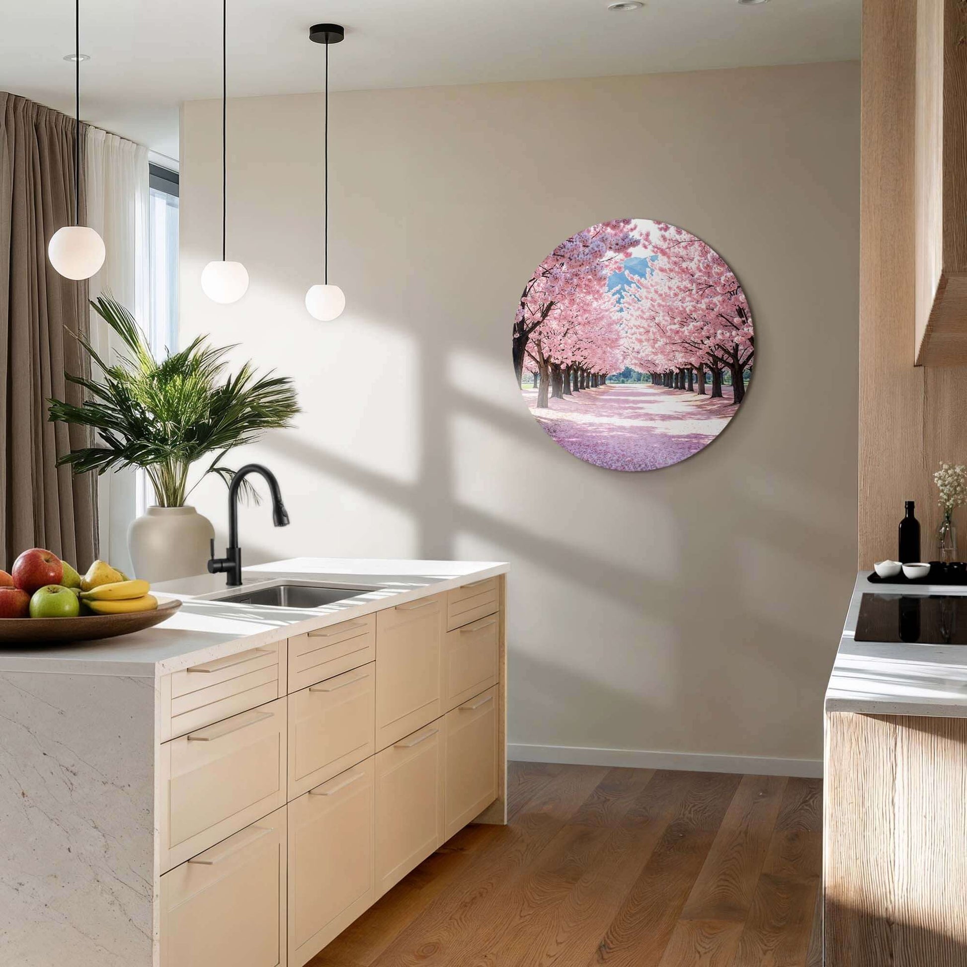 Blossom Avenue - Wandbild in der Küche, rosa Blütenweg, Wanddekoration für Ruhe und Romantik. Geeignet für die Küche oder das Esszimmer.