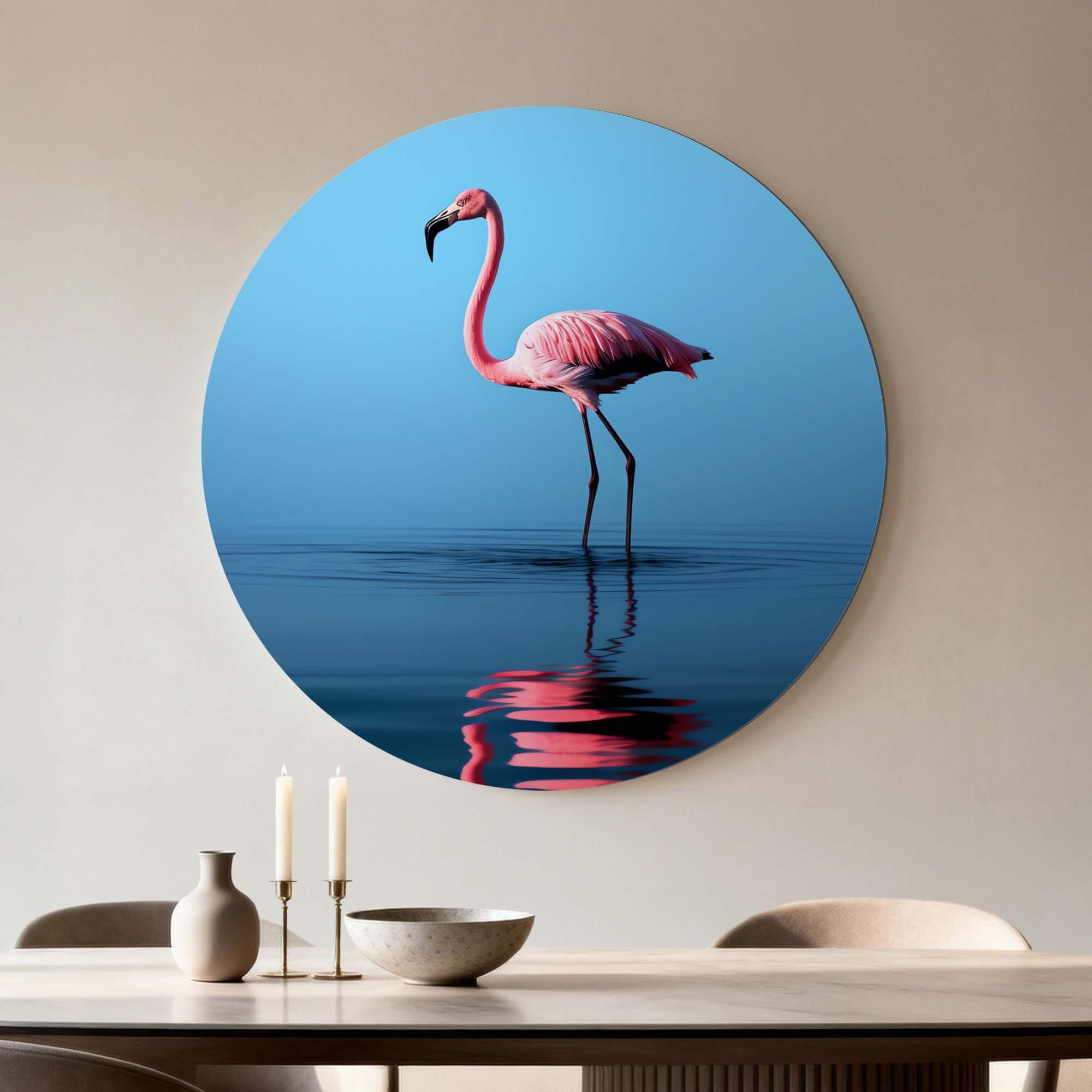 Blush Reflection - Wandbild mit elegantem rosa Flamingo und gespiegeltem Wasser in modernem Dekor.