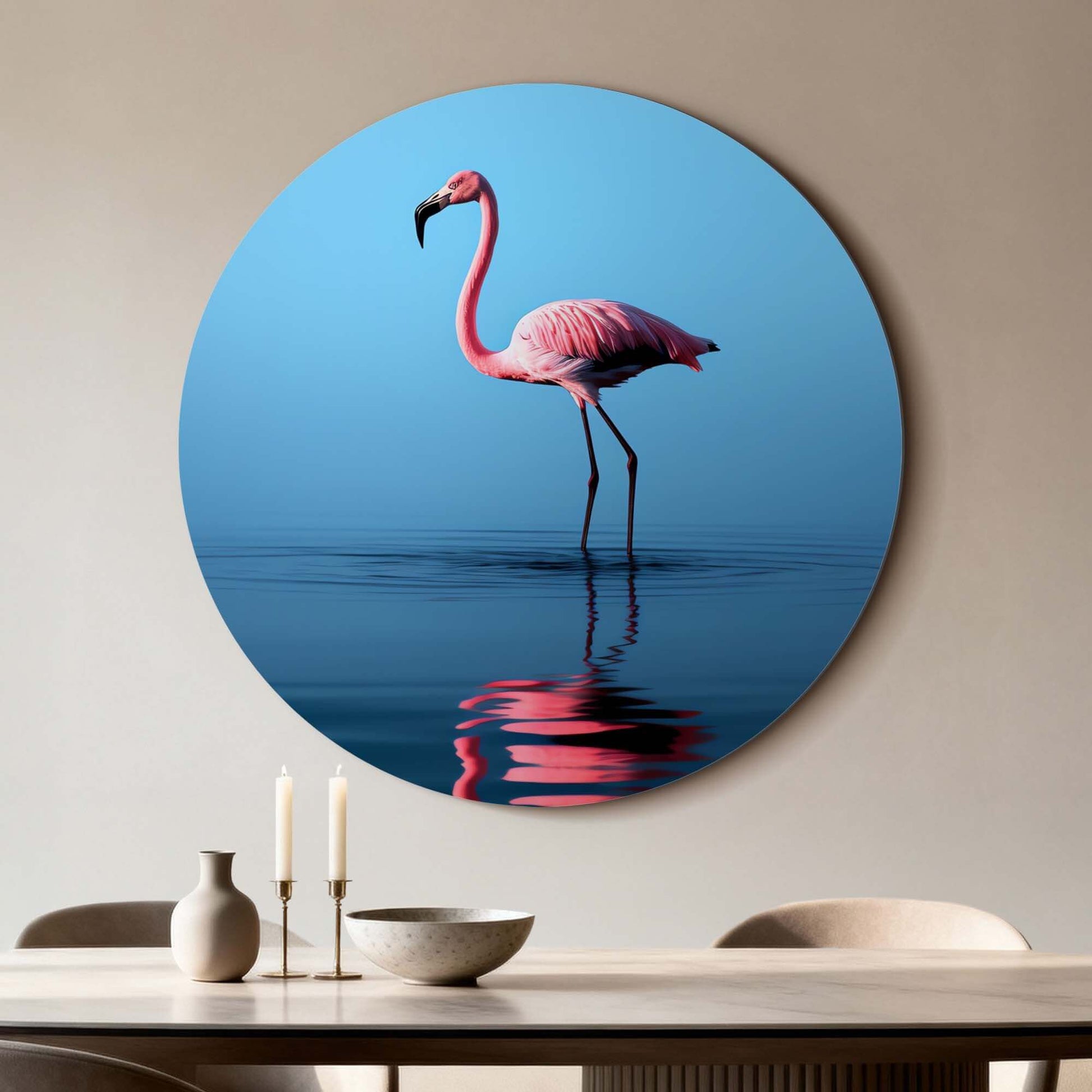 Blush Reflection - Wandbild mit rosa Flamingo und reflektierendem Wasser an der Wand in einer modernen Küche.