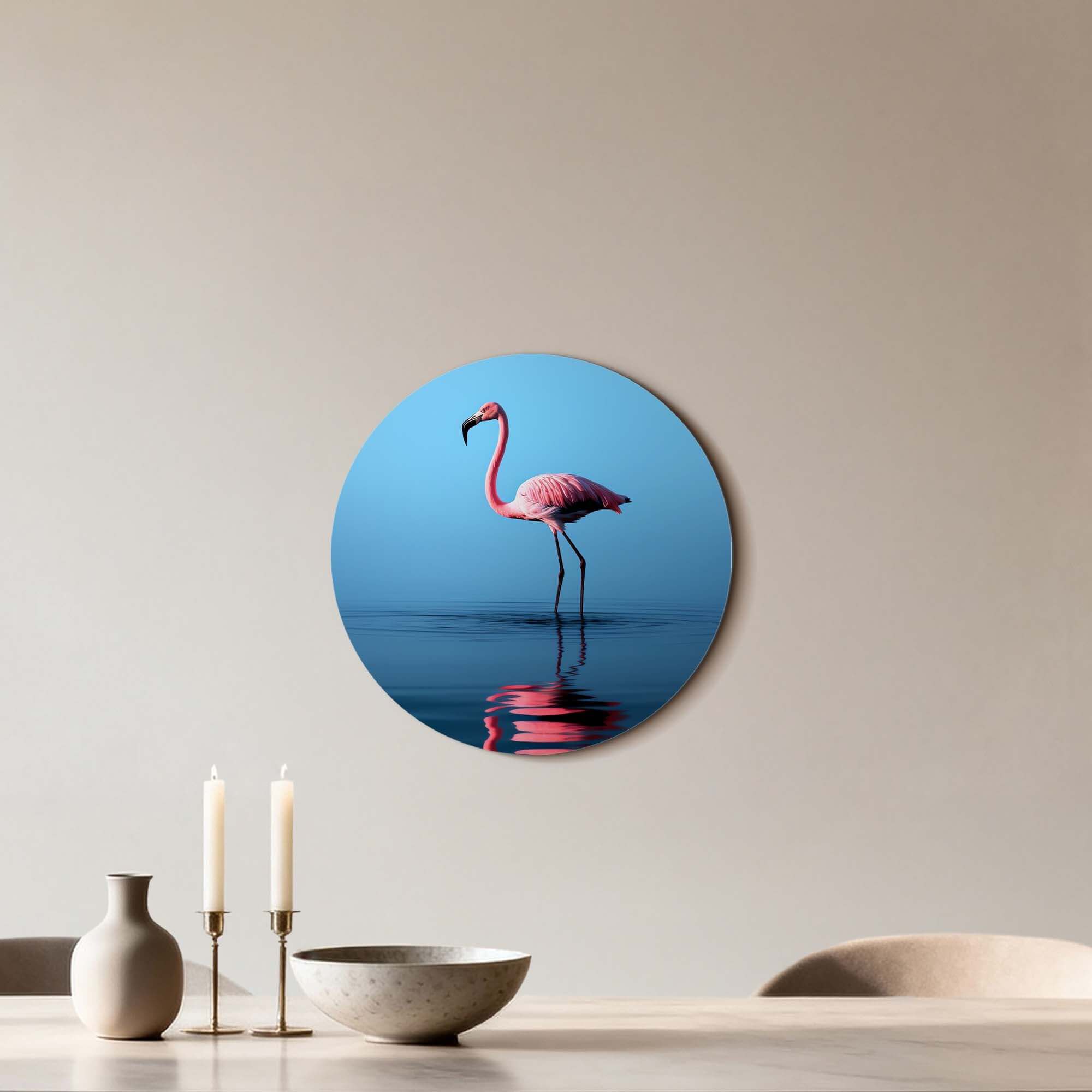 Blush Reflection - Wandbild zeigt einen rosa Flamingo auf spiegelndem Wasser, perfekt für moderne Innenräume.