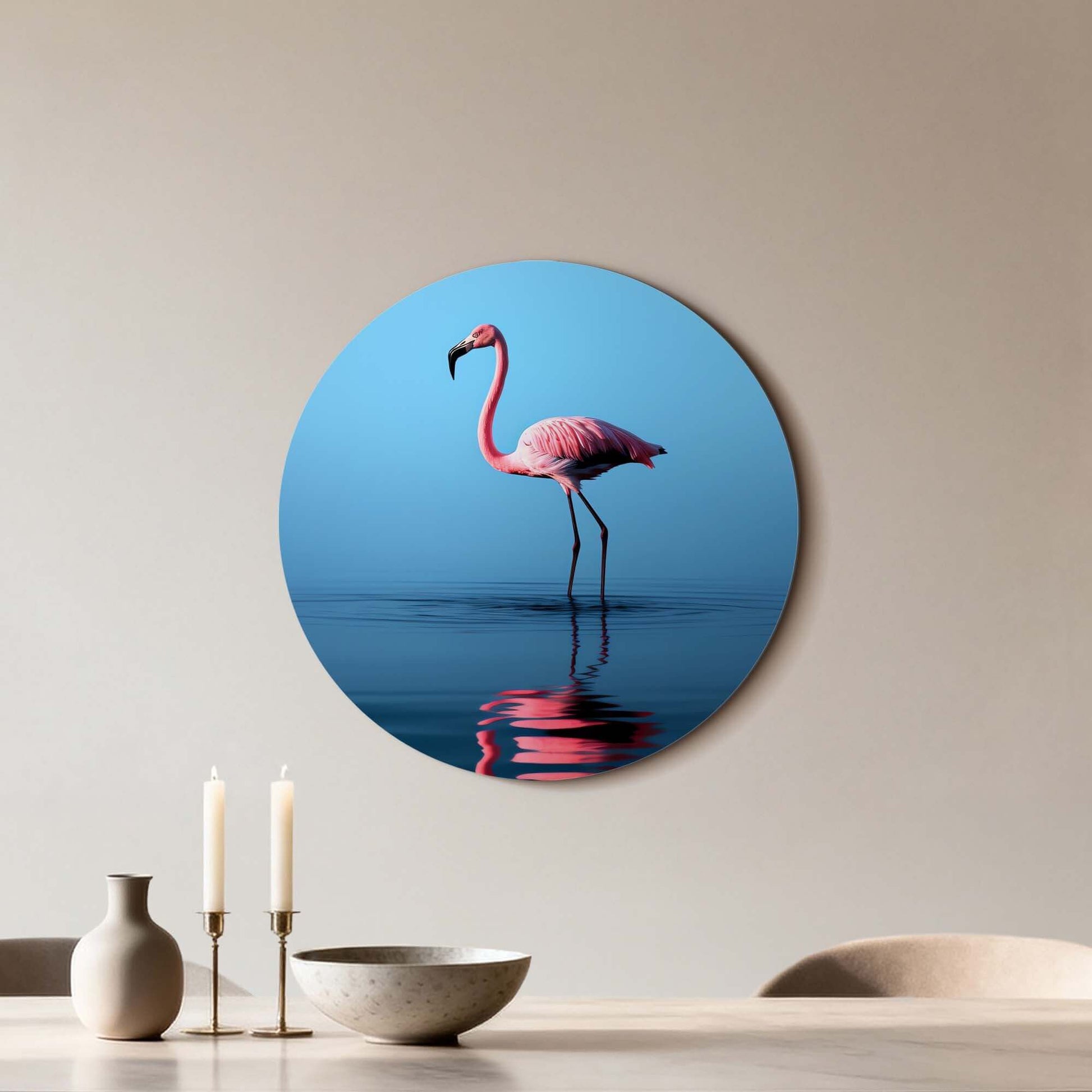 Blush Reflection - Wandbild mit rosa Flamingo und spiegelndem Wasser im modernen Esszimmer.