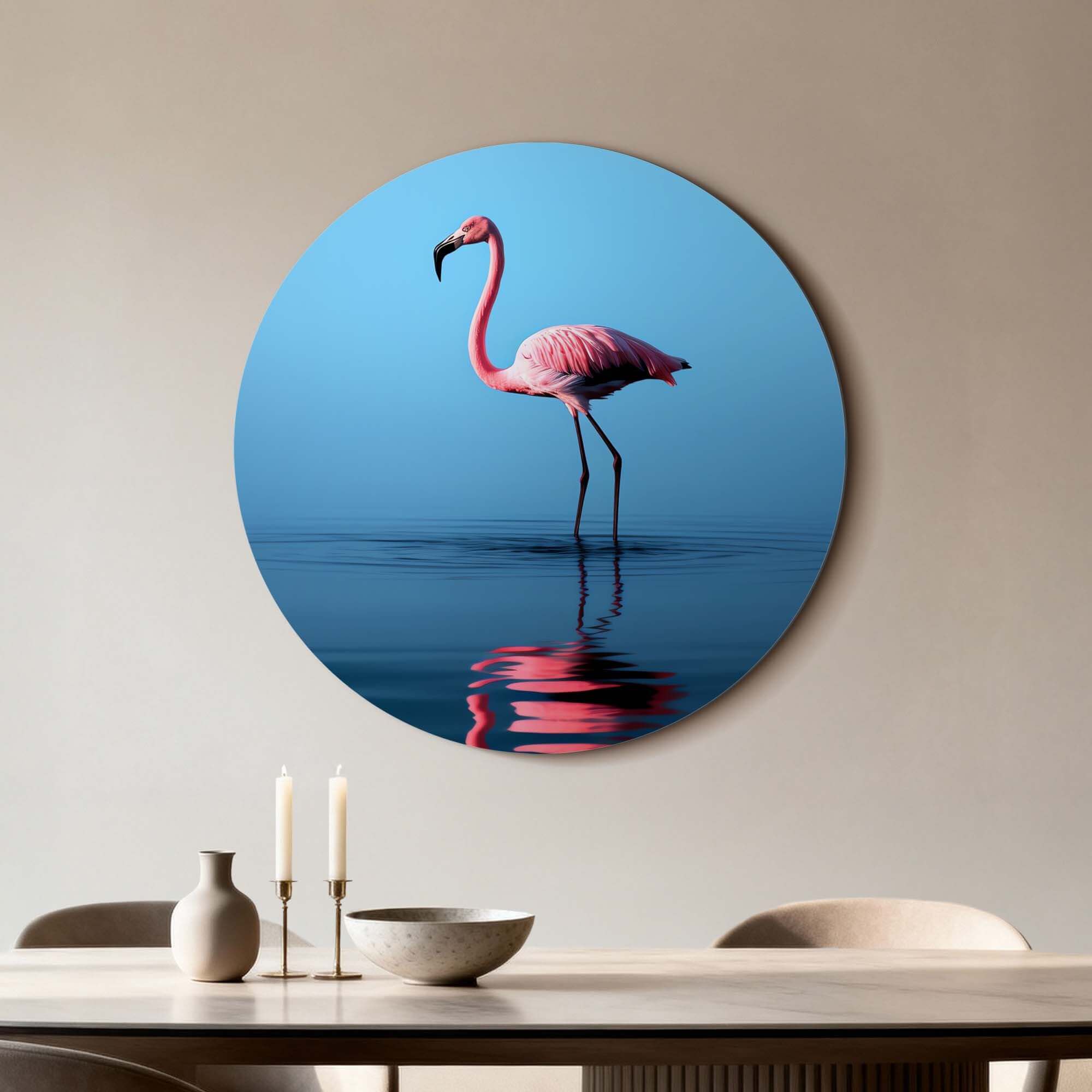 Blush Reflection - Wandbild mit rosa Flamingo auf spiegelndem Wasser, perfekt für moderne Küchen und Esszimmer.