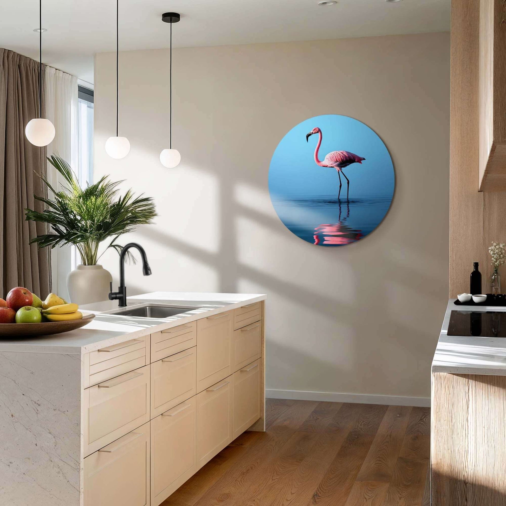 Blush Reflection - Wandbild eines rosa Flamingos in einer modernen Küche mit ruhigen Farben und reflektierendem Wasser.