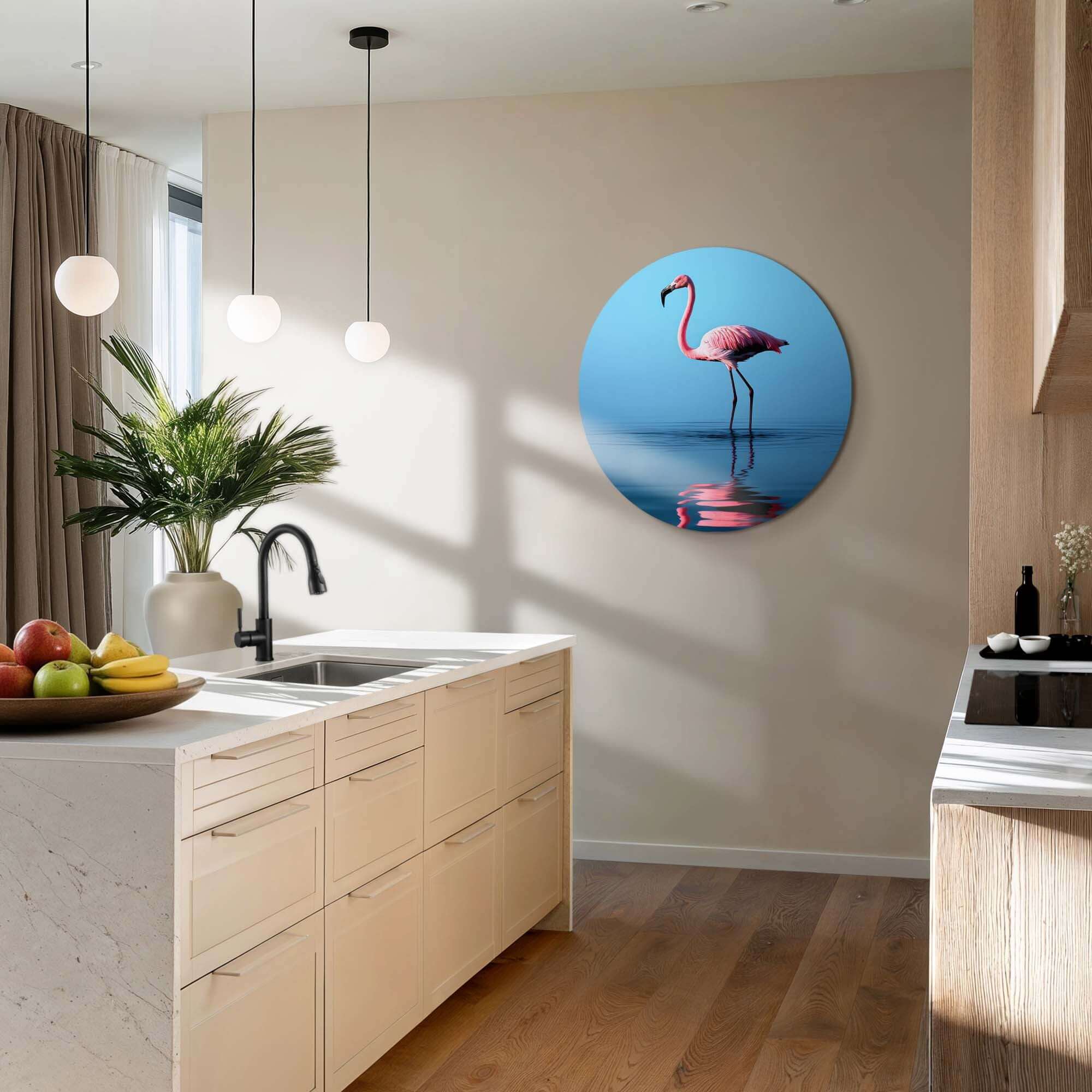 Blush Reflection - Wandbild eines rosa Flamingos in einer modernen Küche mit ruhigen Farben und reflektierendem Wasser.