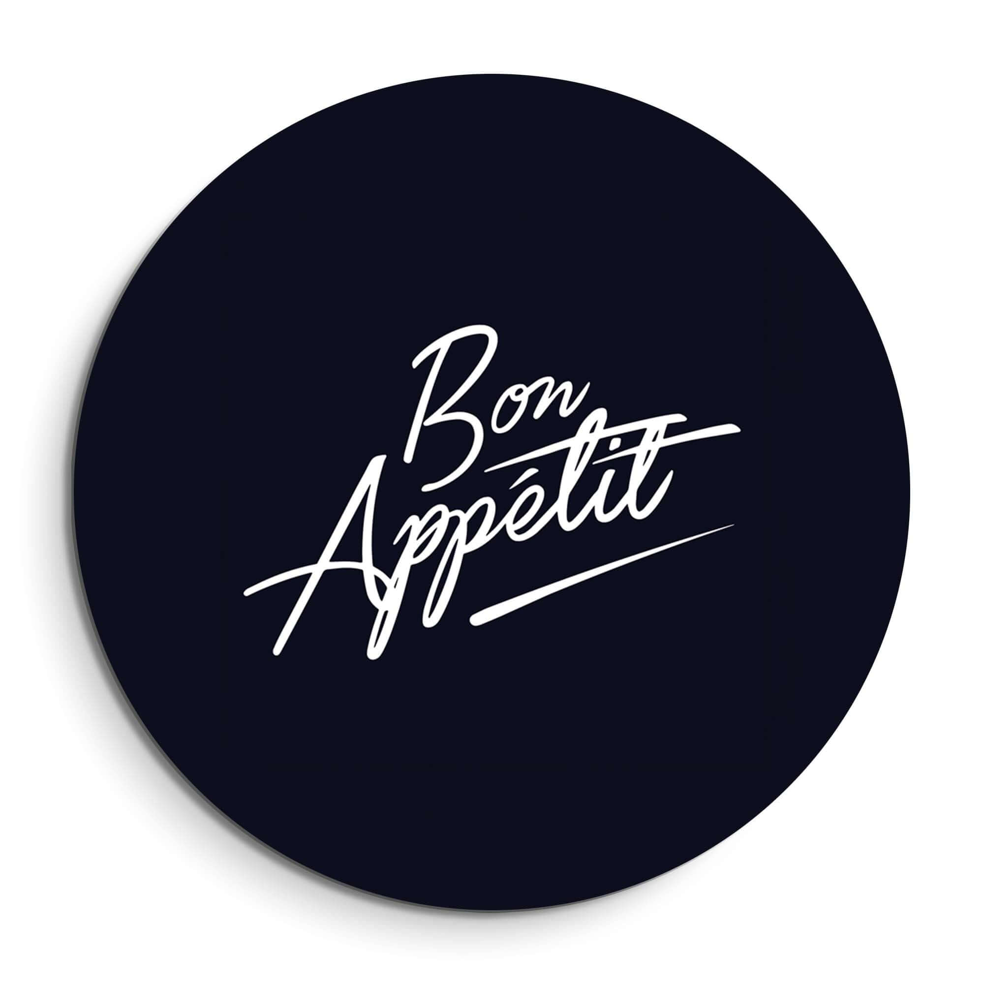 Stilvolle Bon Appétit Midnight Edition - Wandbild in Schwarz mit weißer eleganter Schrift, perfekt für moderne Küchen oder Esszimmer.