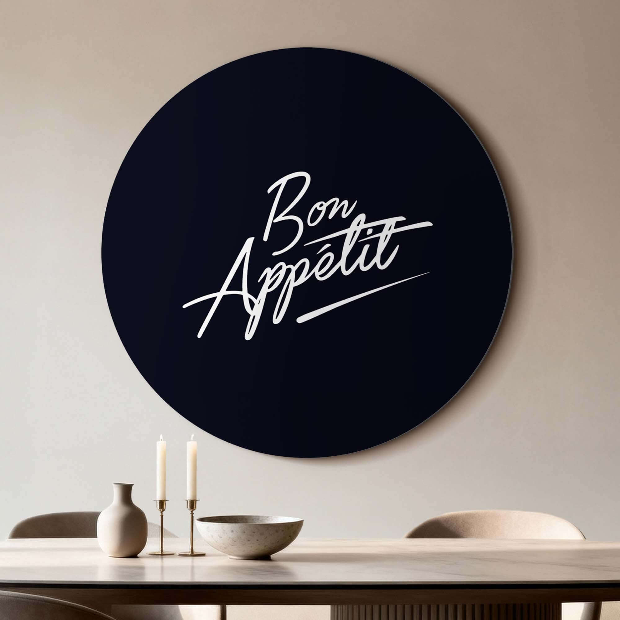 Bon Appétit Midnight Edition - Wandbild, eleganter schwarzer Wandbild mit weißem Text im modernen Esszimmer, perfekter Wandbild.