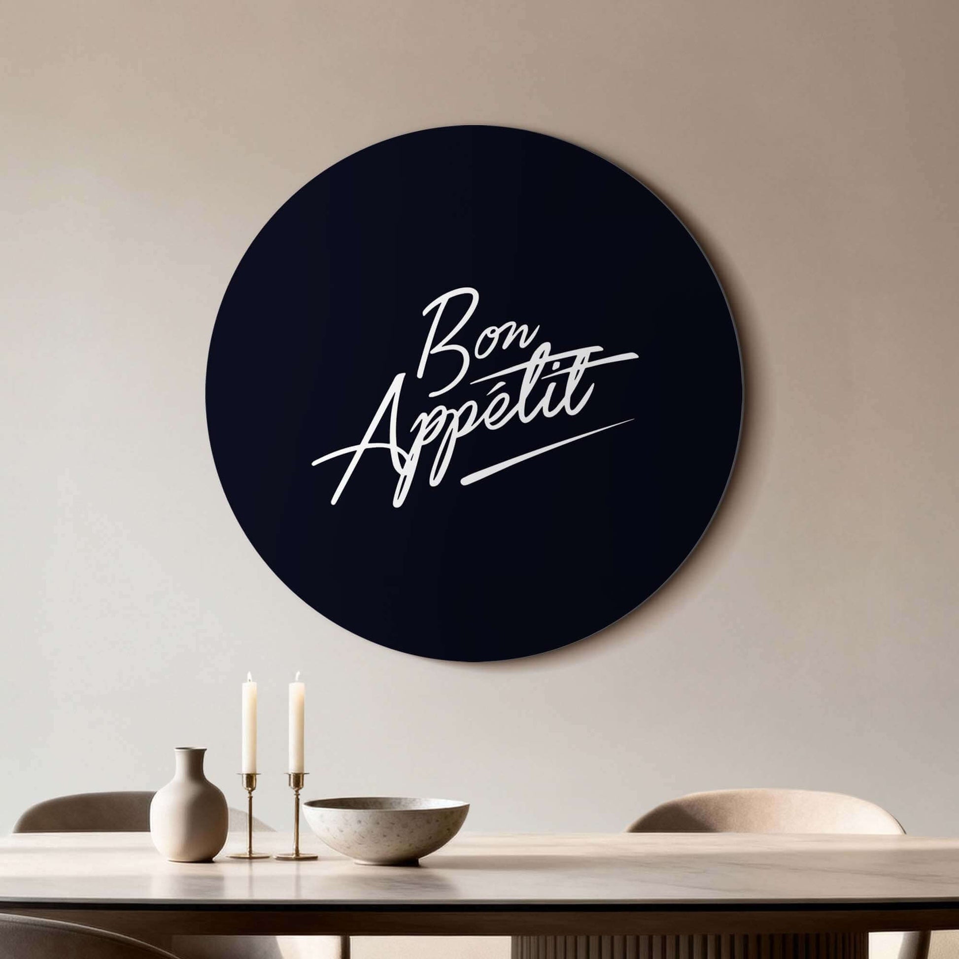 Bon Appétit Midnight Edition - Wandbild in schwarzer und weißer Schrift, perfekt für Küchen und Esszimmer. Stilvolle Wandbilder und Wandbilddekoration.