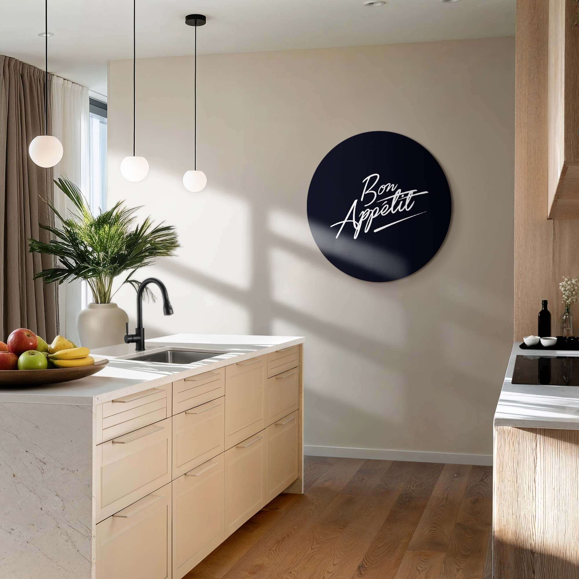 Bon Appétit Midnight Edition - Wandbild in moderner Küche, stilvoller schwarzer Wandbild mit weißem Text, ideal für die Küchendekoration