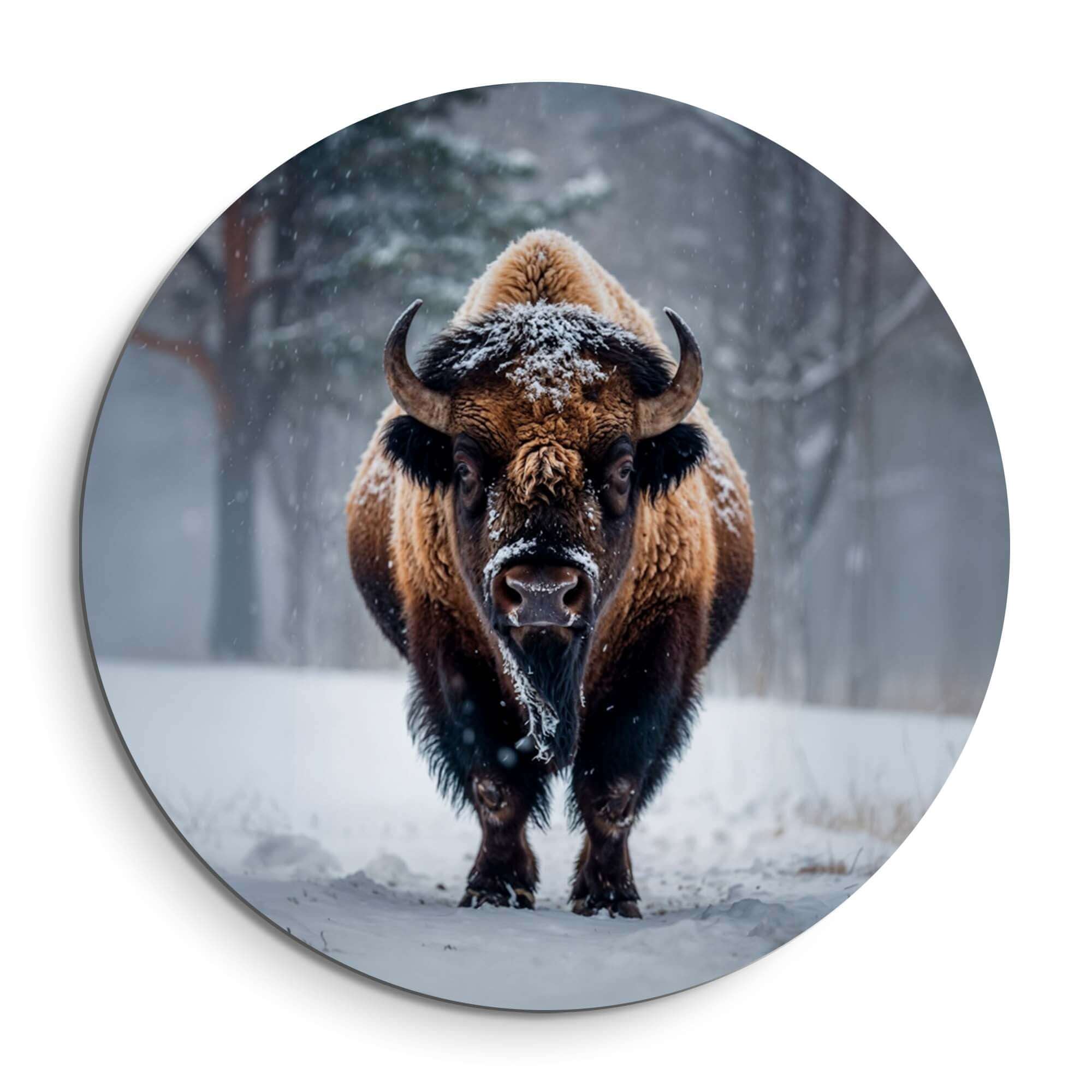 Bison im Schnee - Wandbild aus Aluminium-Dibond mit kräftigen Bisons in Winterlandschaft, ideal für Küche oder Wohnzimmer.