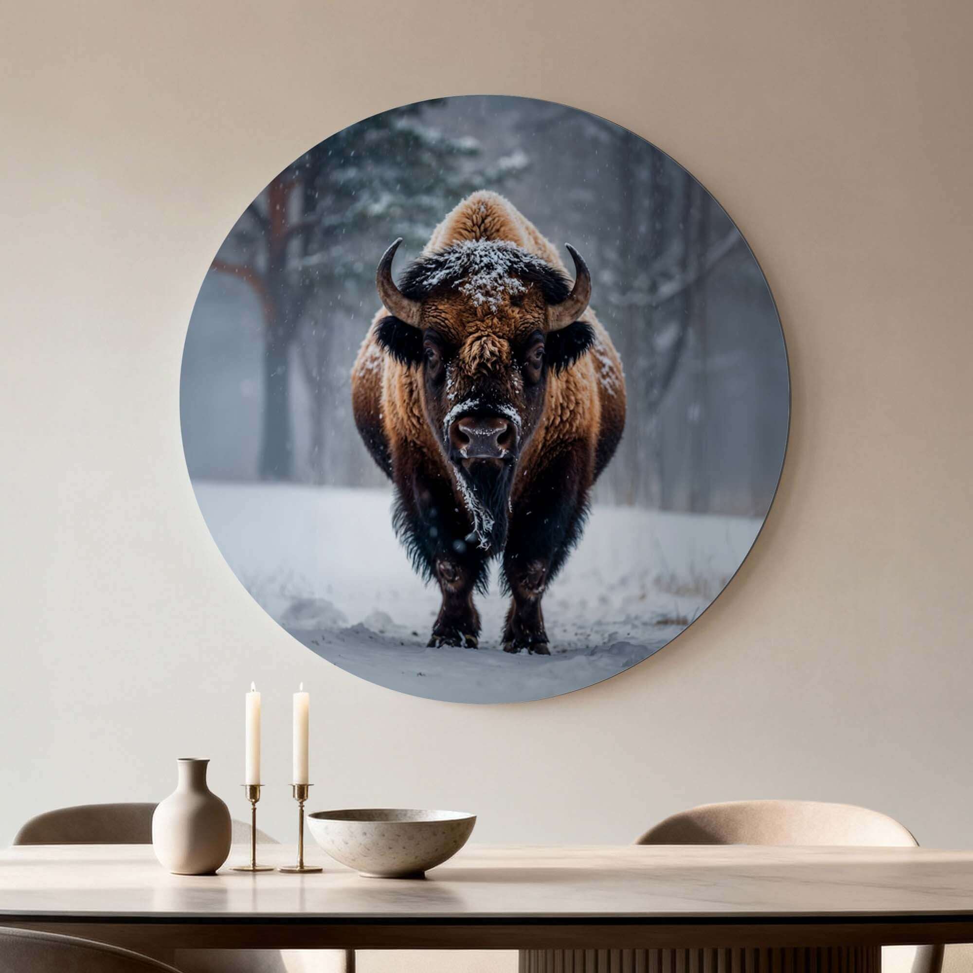 Bison im Schnee - Wandbild auf Aluminium-Dibond, beeindruckend und robust. Perfekter Wandbild für Küche oder Wohnzimmer.