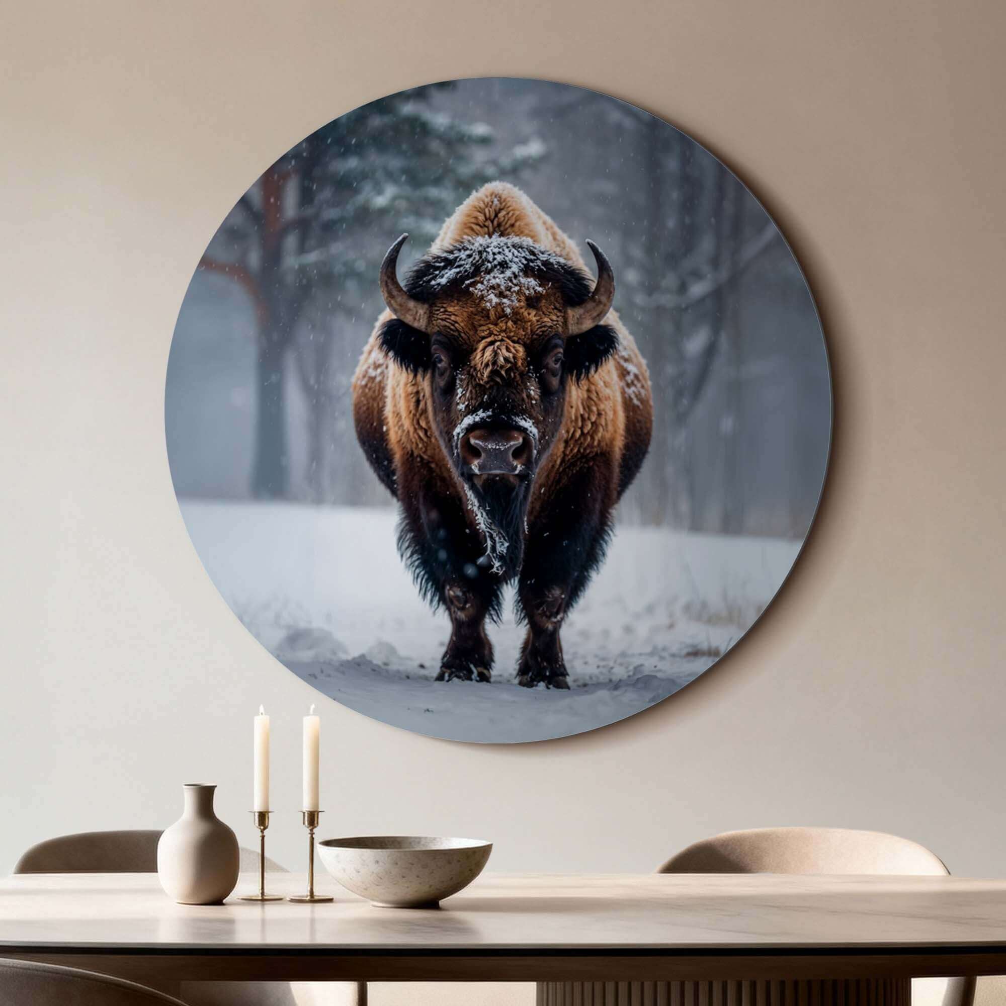 Bison im Schnee - Wandbild als coole Wanddekoration in Küche oder Esszimmer, Druck auf 3 mm starkem Aluminium-Dibond für ein kraftvolles Statement.