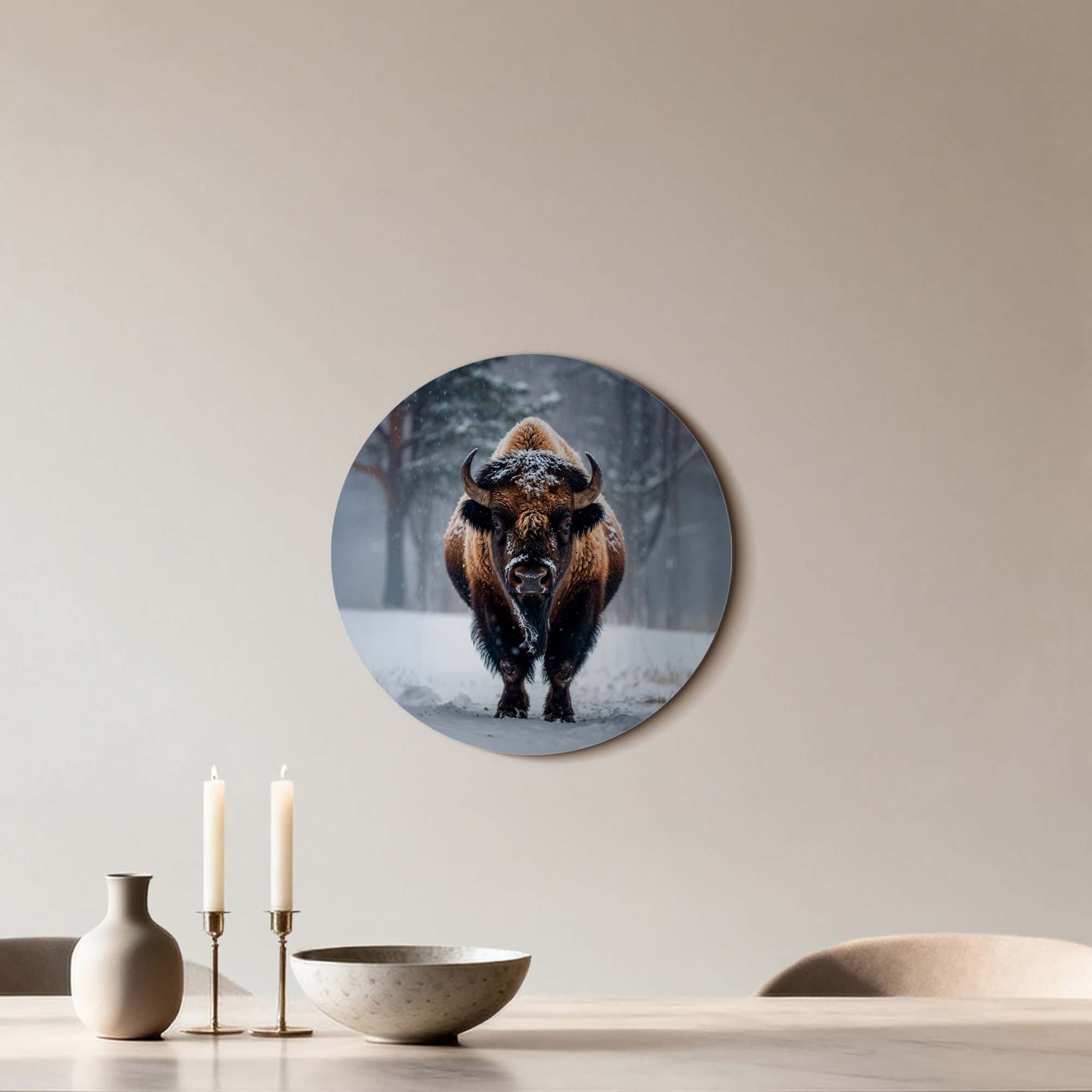 Bison im Schnee - Wandbild auf Aluminium-Dibond in einer Winterlandschaft, perfekt als Wanddekoration. Schlüsselwörter: Wandbild, Wandbilder, Wandbild.