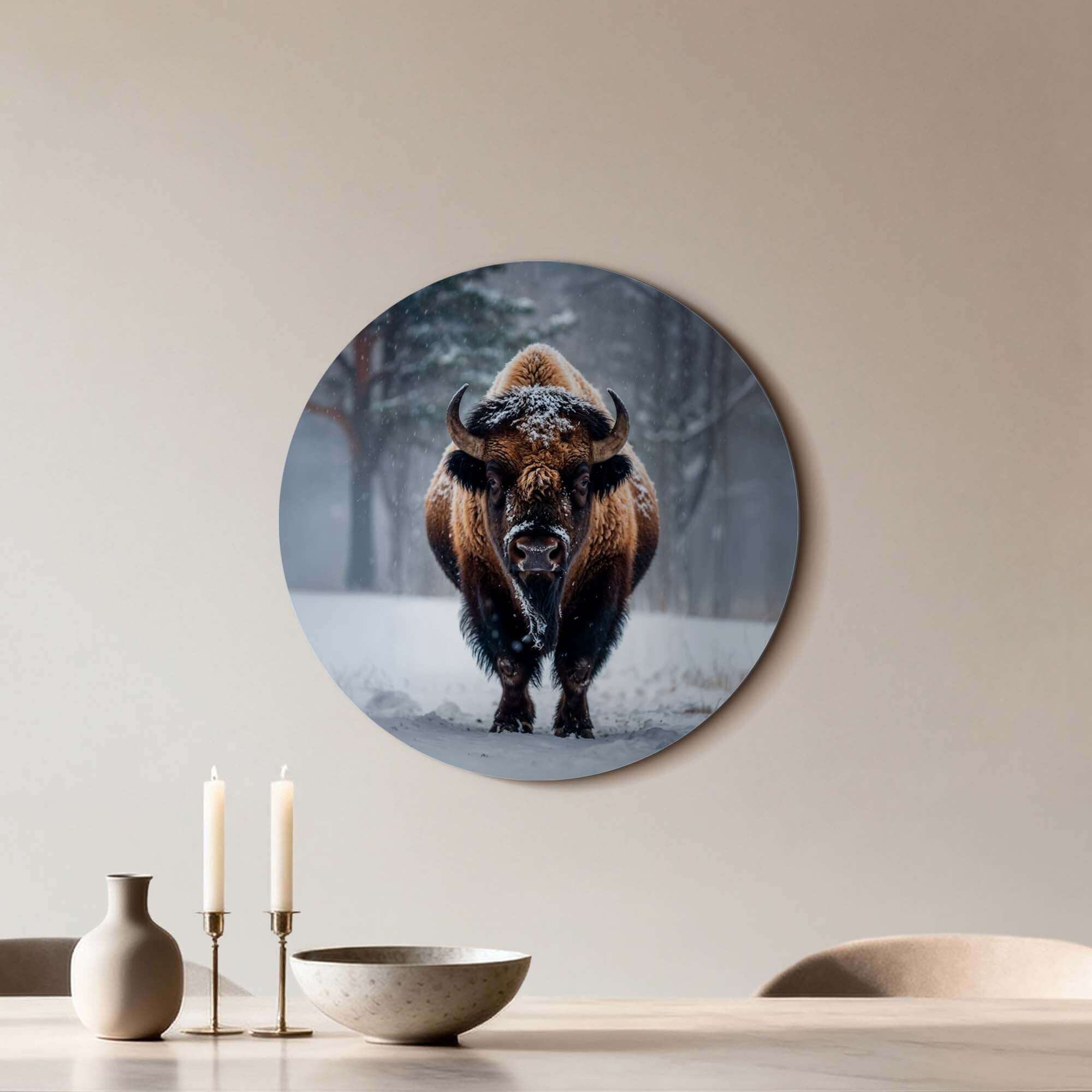 Bison im Schnee - Wandbild, beeindruckender Wandbild mit einem Bison in Winterlandschaft, perfekt für die Dekoration von Küche oder Wohnzimmer.