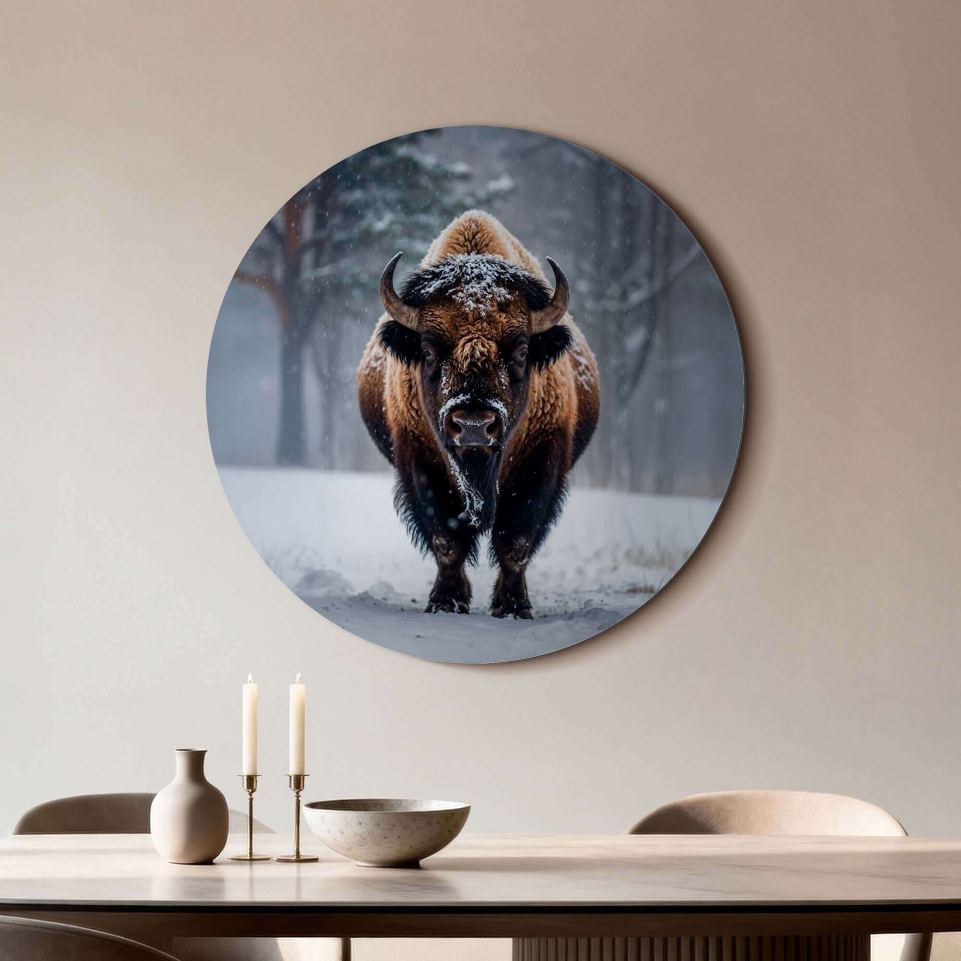 Bison im Schnee - Wandbild auf Aluminium-Dibond, starker Wandbild für Küche oder Wohnzimmer, ideal für die Winterdekoration.