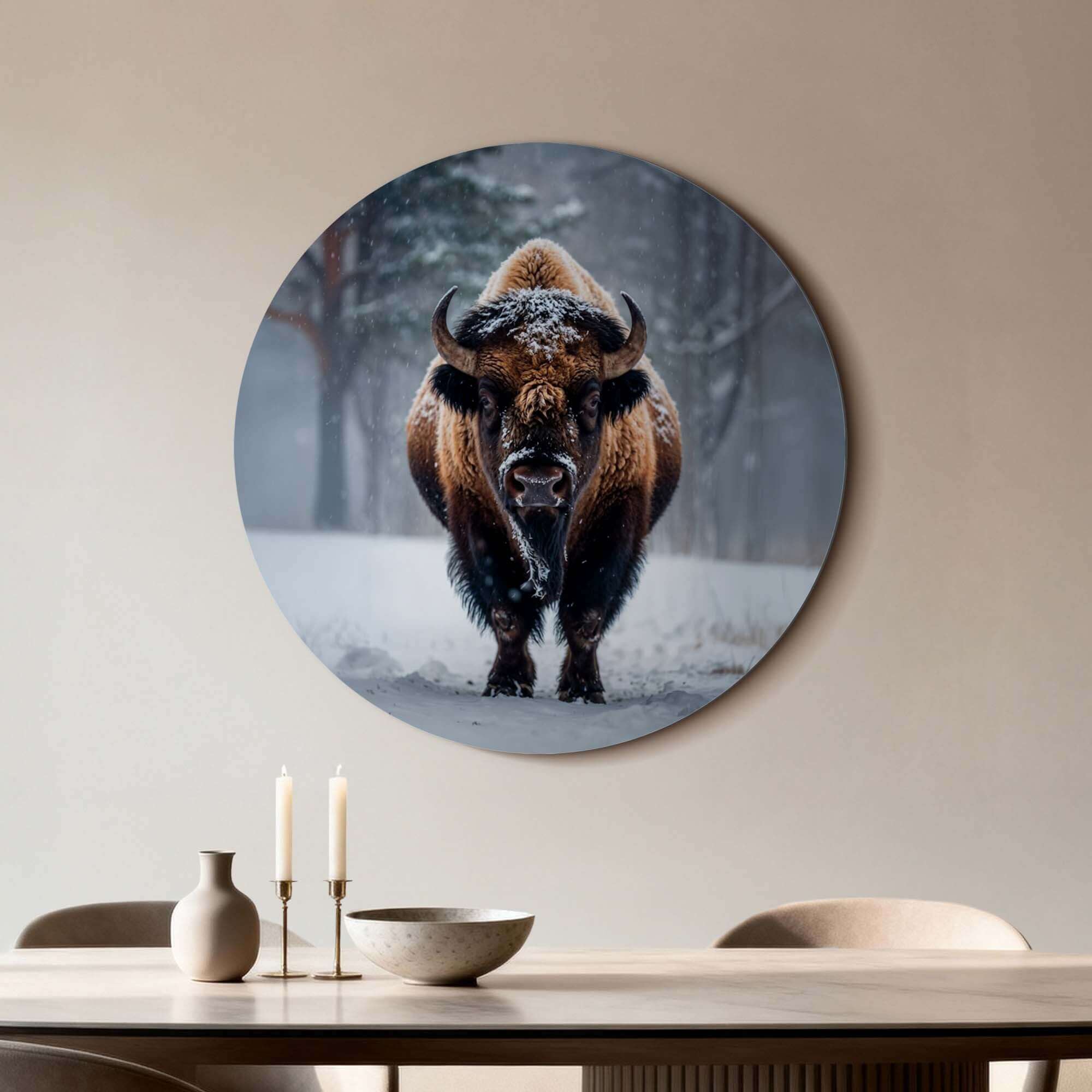 Bison im Schnee - Wandbild auf Aluminium-Dibond, starker Wandbild für Küche oder Wohnzimmer, ideal für die Winterdekoration.