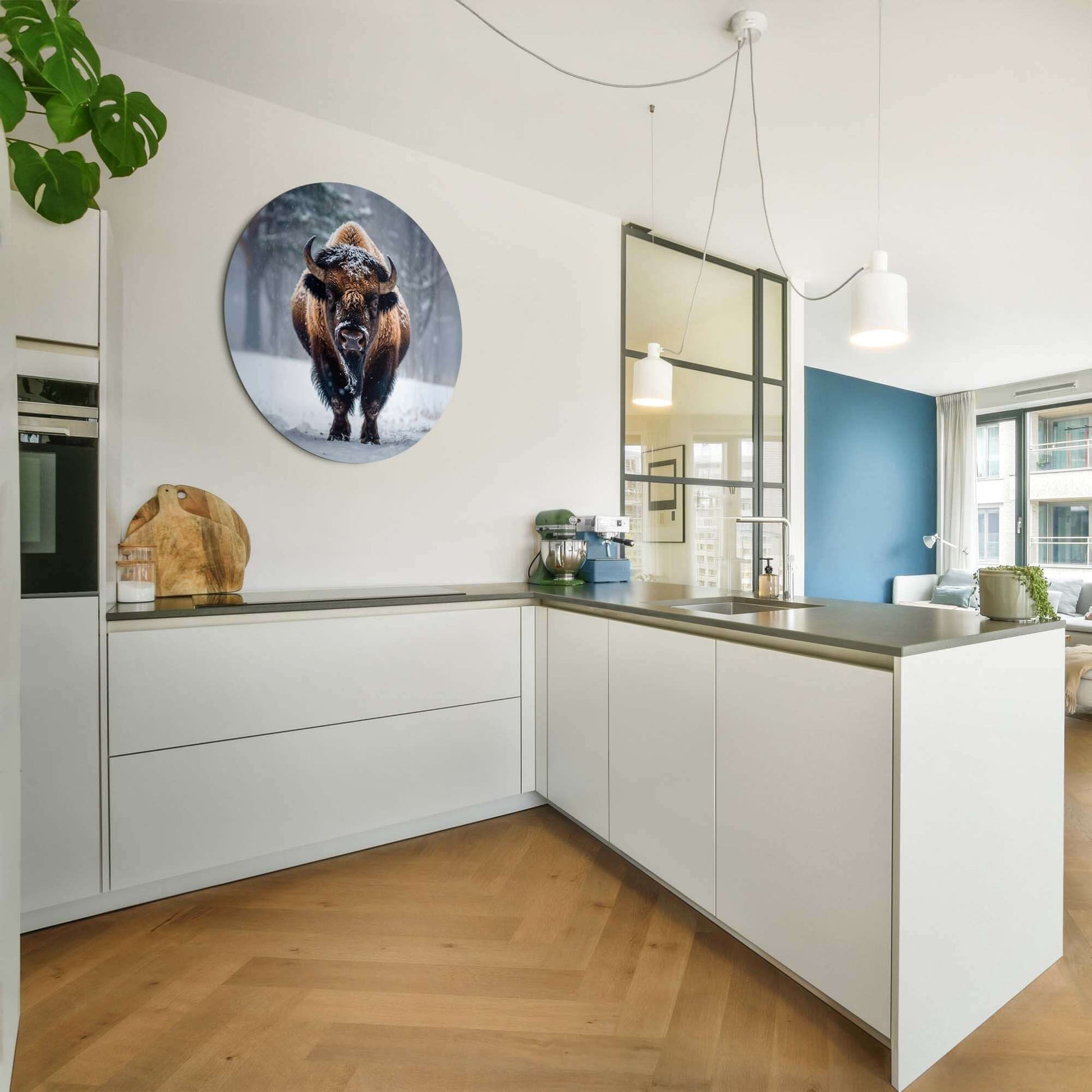 Bison im Schnee - Wandbild in moderner Küche, beeindruckender Wandbild auf Aluminium-Dibond, geeignet für Küche oder Wohnzimmer.