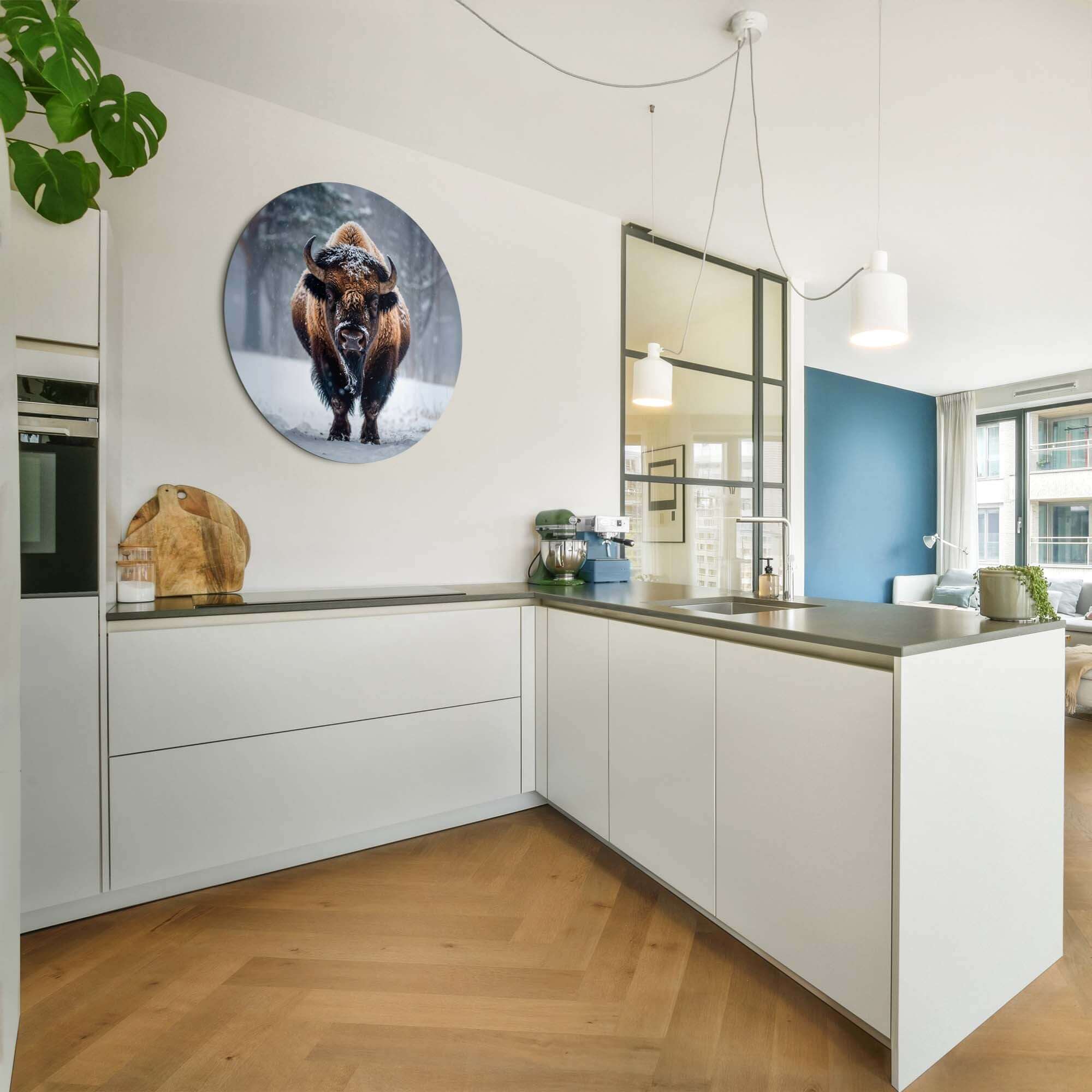 Bison im Schnee - Wandbild in moderner Küche, beeindruckender Wandbild auf Aluminium-Dibond, geeignet für Küche oder Wohnzimmer.