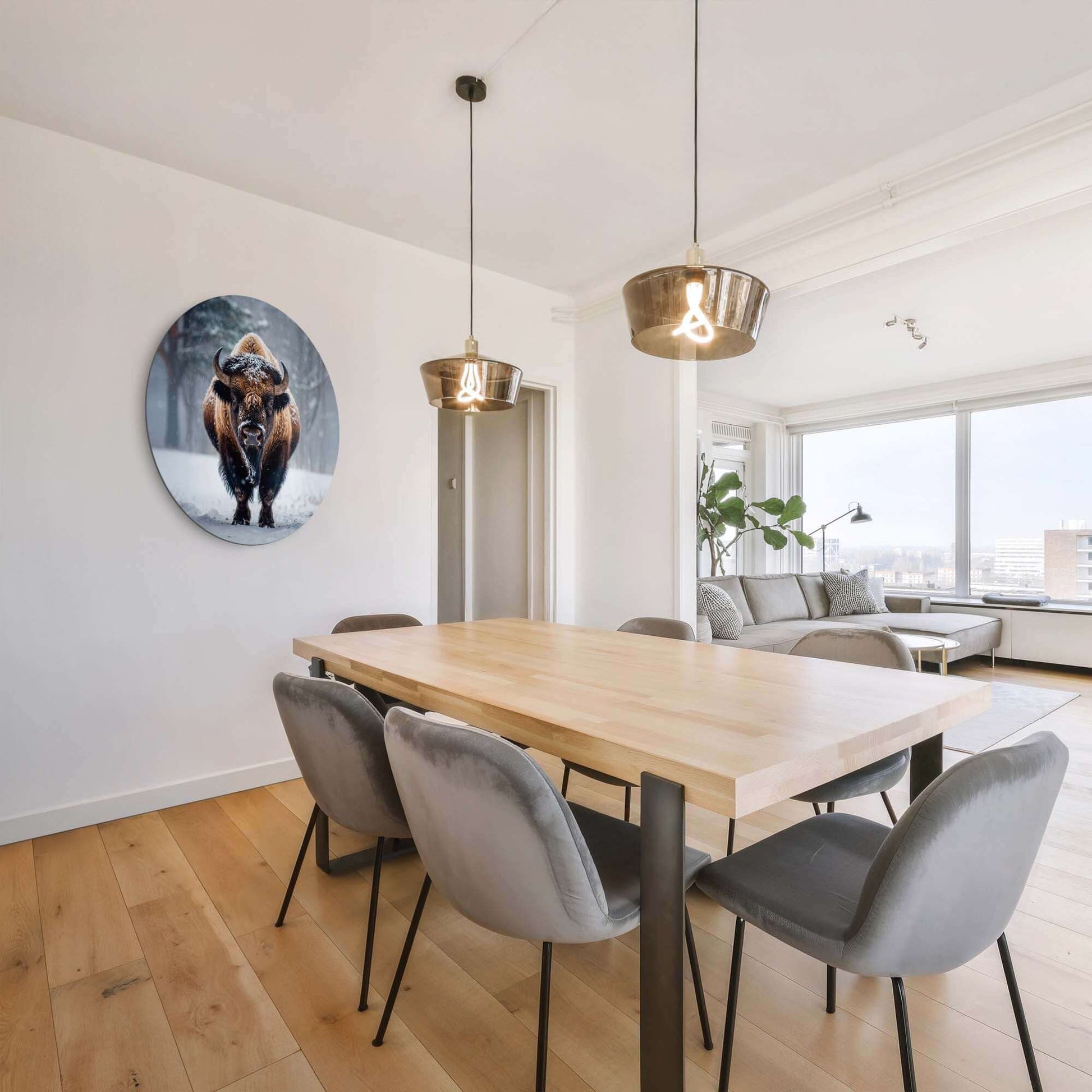 Bison im Schnee - Wandbild auf einer weißen Wand im modernen Esszimmer, Wandbild aus Aluminium-Dibond, einzigartige Wanddekoration