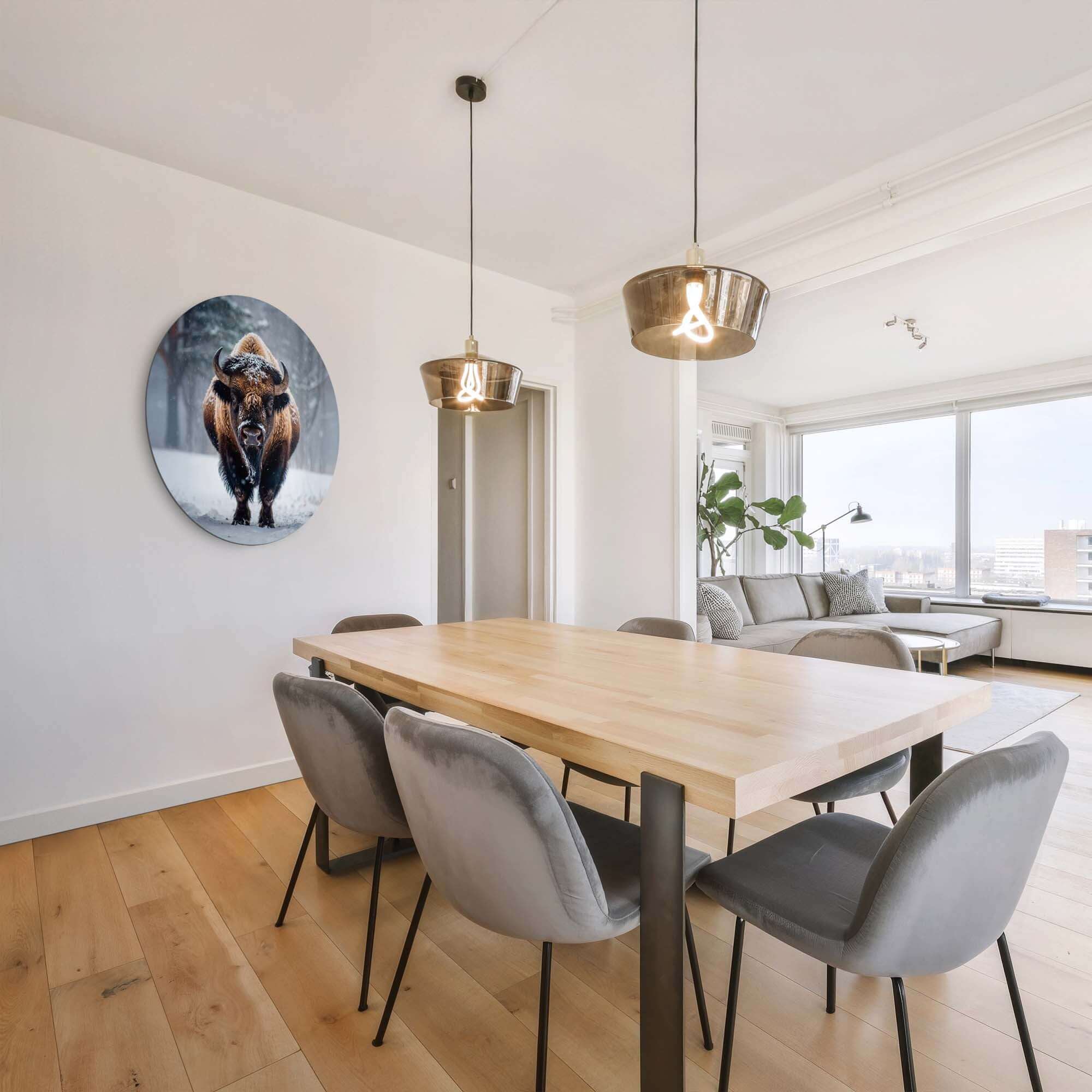 Bison im Schnee - Wandbild auf einer weißen Wand im modernen Esszimmer, Wandbild aus Aluminium-Dibond, einzigartige Wanddekoration