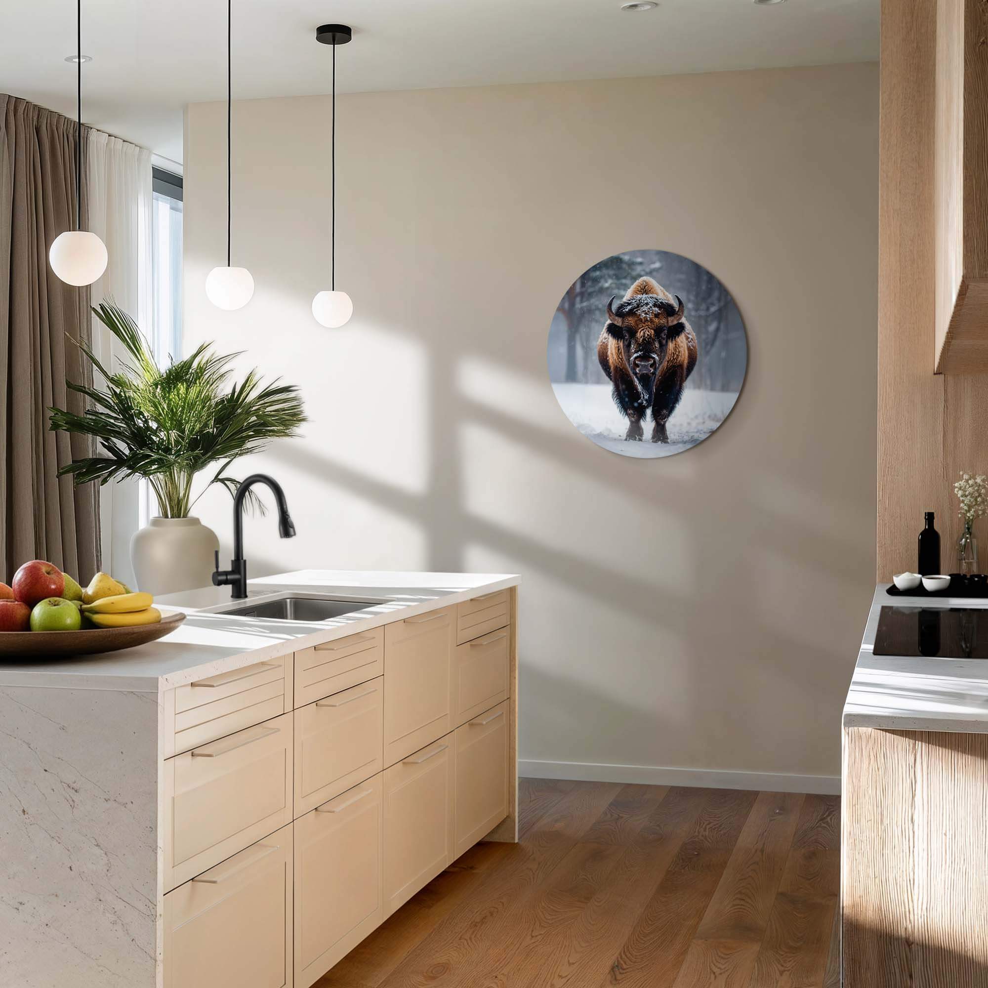Bison im Schnee - Wandbild auf Aluminiumplatte in moderner Küche, beeindruckender Wandbild mit zähem Bison in Winterlandschaft.