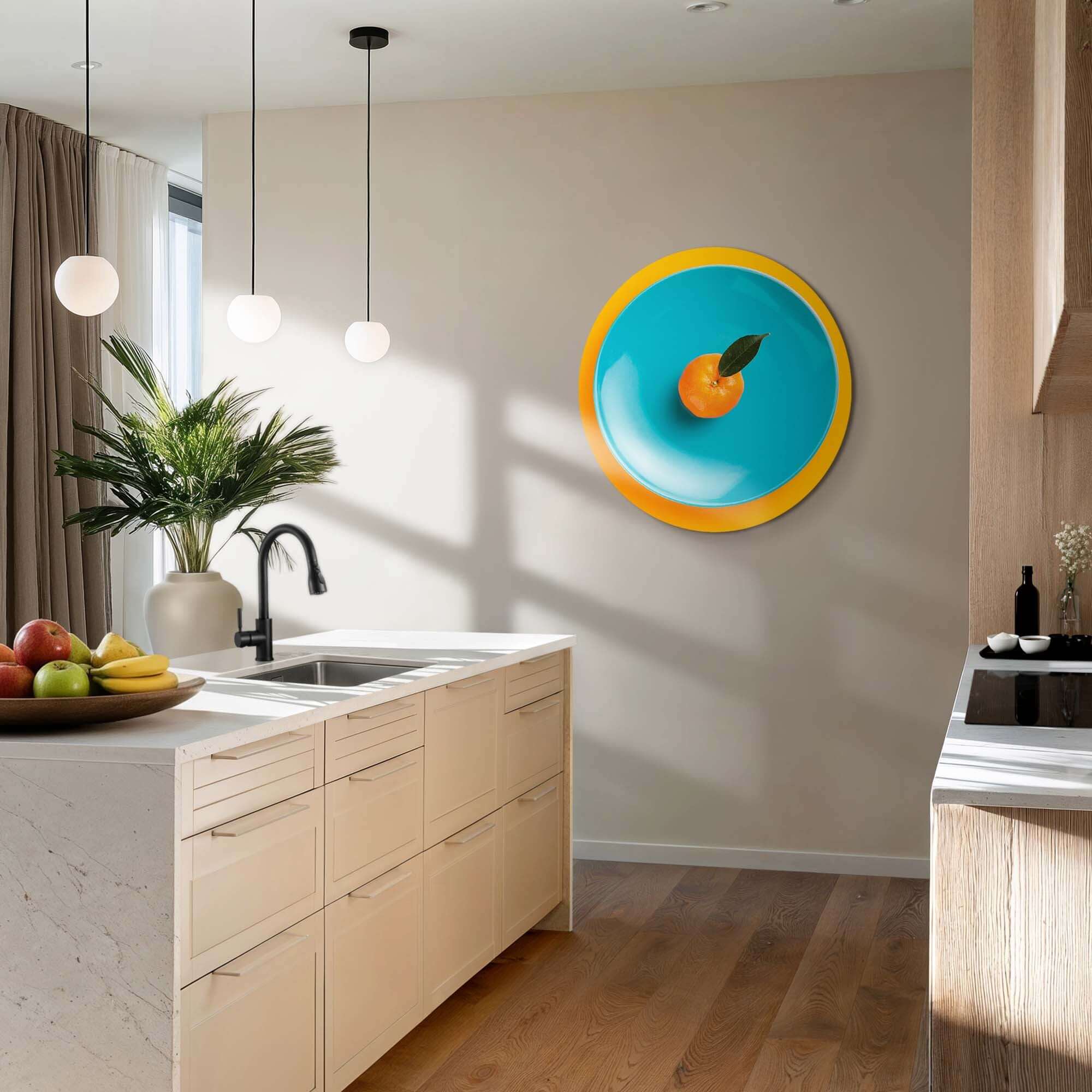 Citrus Pop Teller - Wandbild: Verspielter Wandbild mit Mandarine auf türkisfarbenem Teller, ein farbenfroher Wandbild für jede Küche.