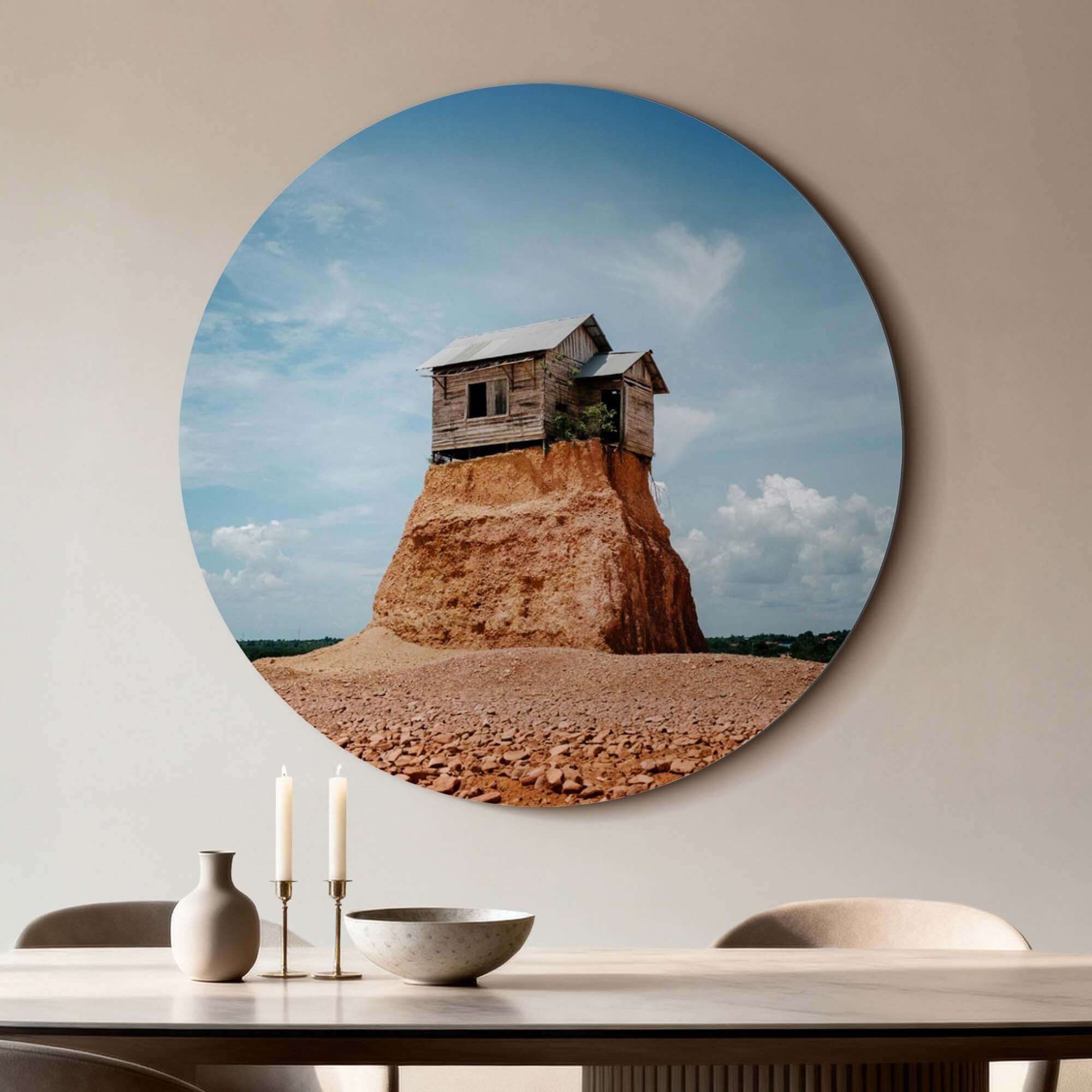 Cliff Beacon - Wandbild mit verwittertem Holzhaus auf einem Felsen, strahlt Ruhe und zeitlose Schönheit aus.