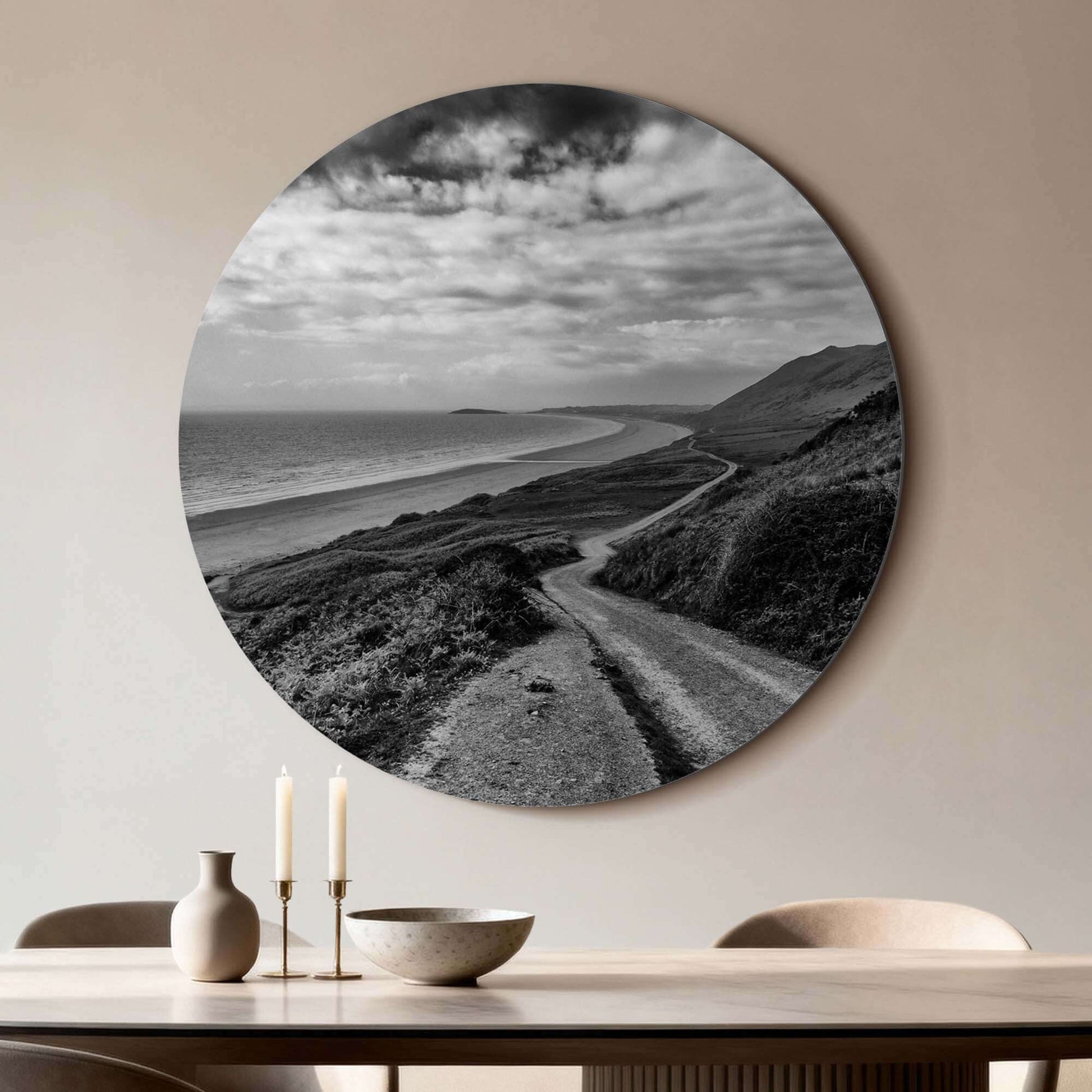 Coastal Path - Wandbild in Schwarz und Weiß, elegante Wanddekoration für Küche oder Essbereich mit Küstenweg, Meer und Horizont. Wandbilder, Wandbild.