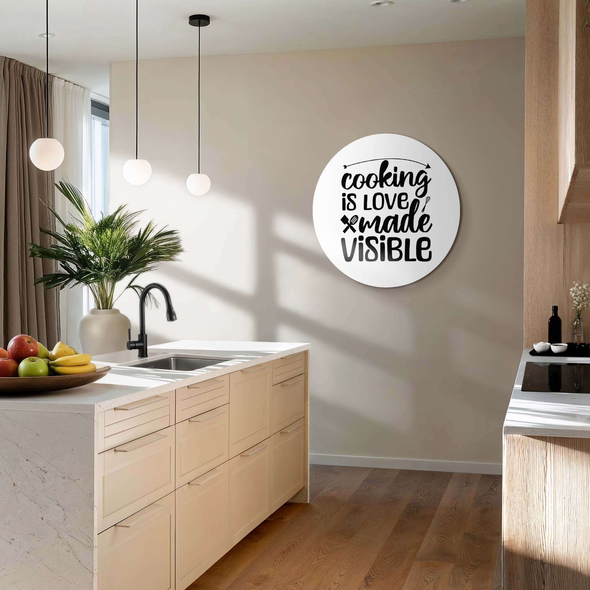 Cooking Made Visible - Wandbild mit Zitat "Kochen ist sichtbar gemachte Liebe" in moderner Küche, Wandbild verleiht dem Raum Stil.