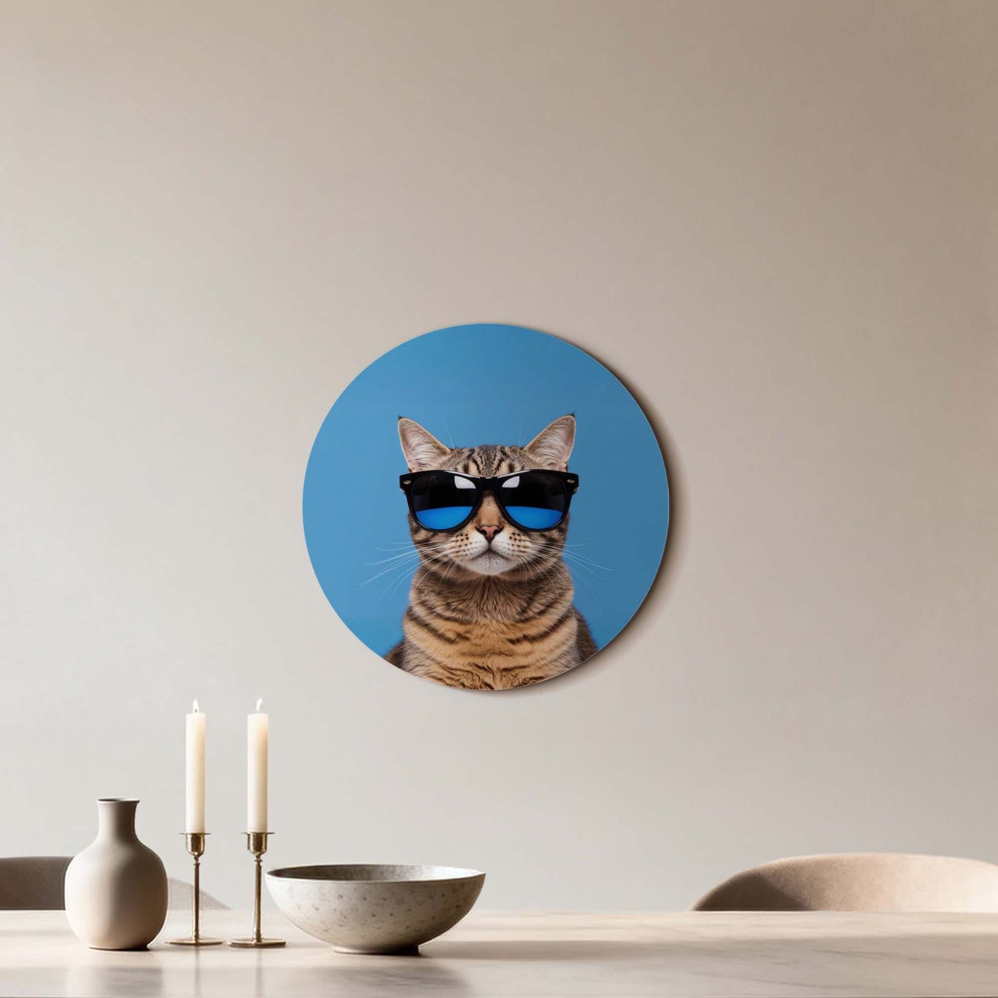 Cool Cat Vibes - Wandbild mit Katze mit Sonnenbrille, moderner Wandbild auf blau