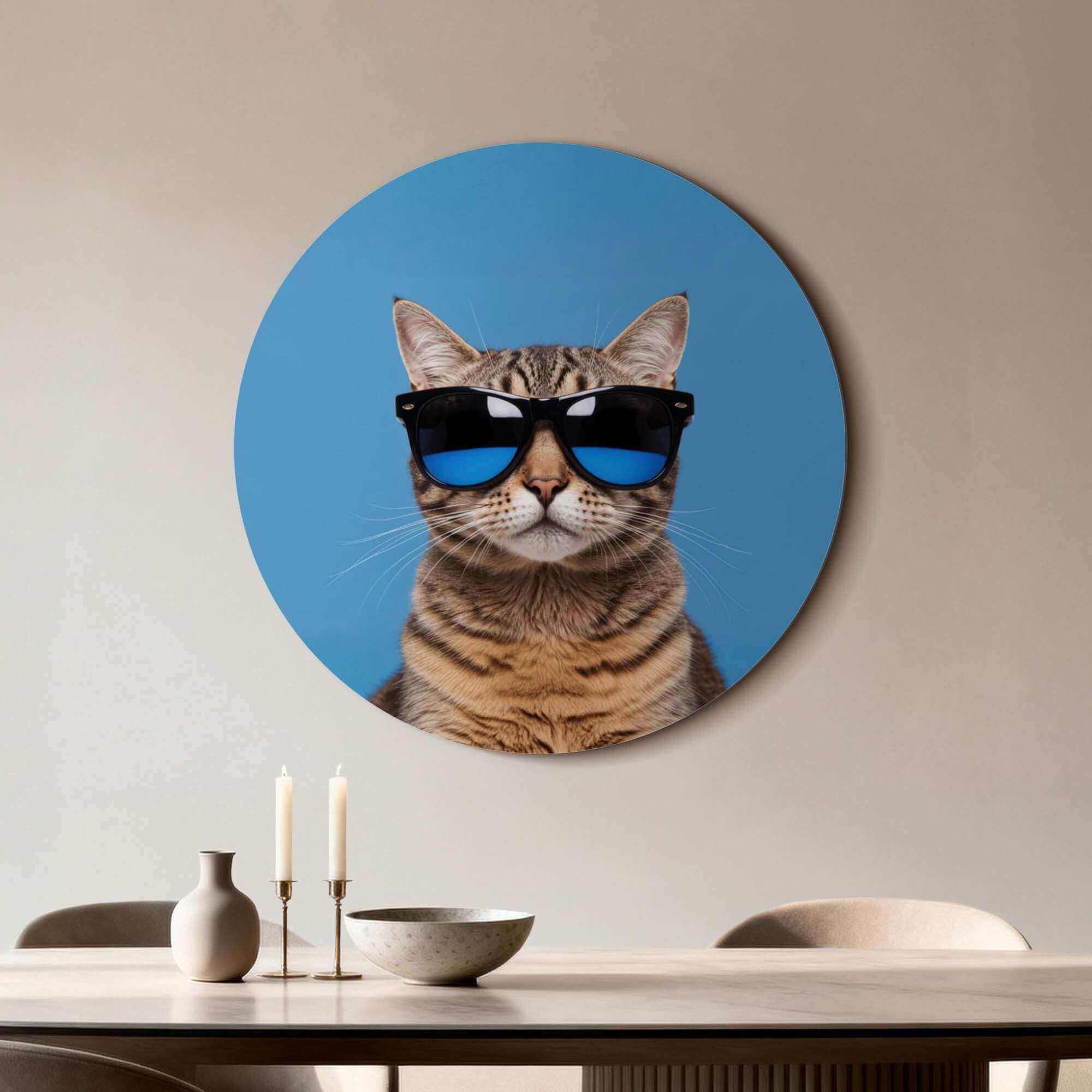 Cool Cat Vibes - Wandbild mit einer Katze mit Sonnenbrille auf blauem Hintergrund, perfekt für moderne Innenräume.