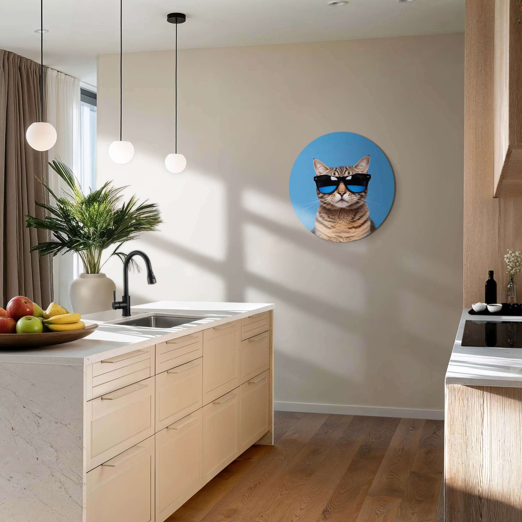 Cool Cat Vibes - Wandbilddesign mit Katze mit Sonnenbrille an der Wand in einer modernen Küche.