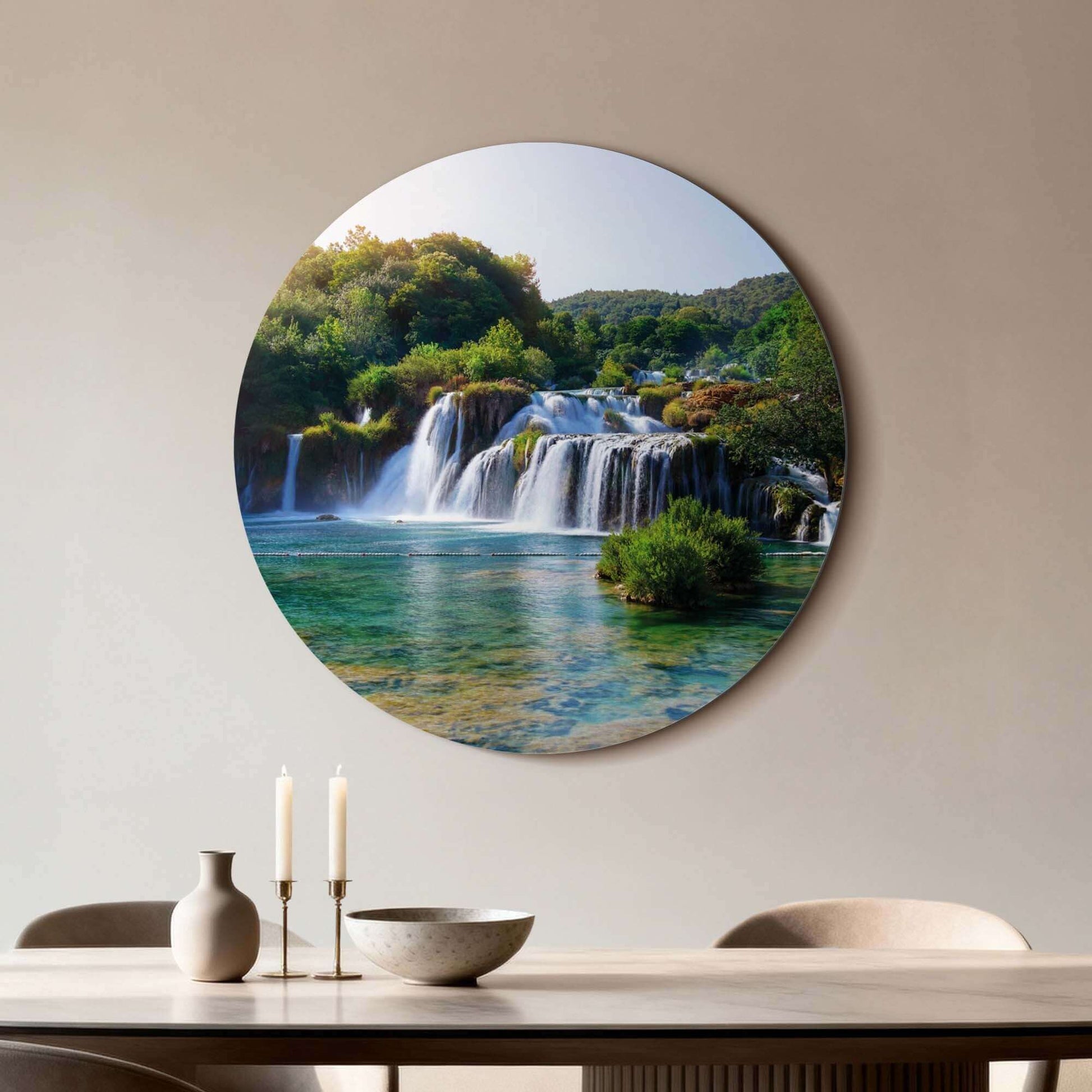 Emerald Falls - Wandbild mit türkisfarbenem See und Wasserfällen, beruhigende Natur für Küche oder Esszimmer. Wandbilder, Wandbild.