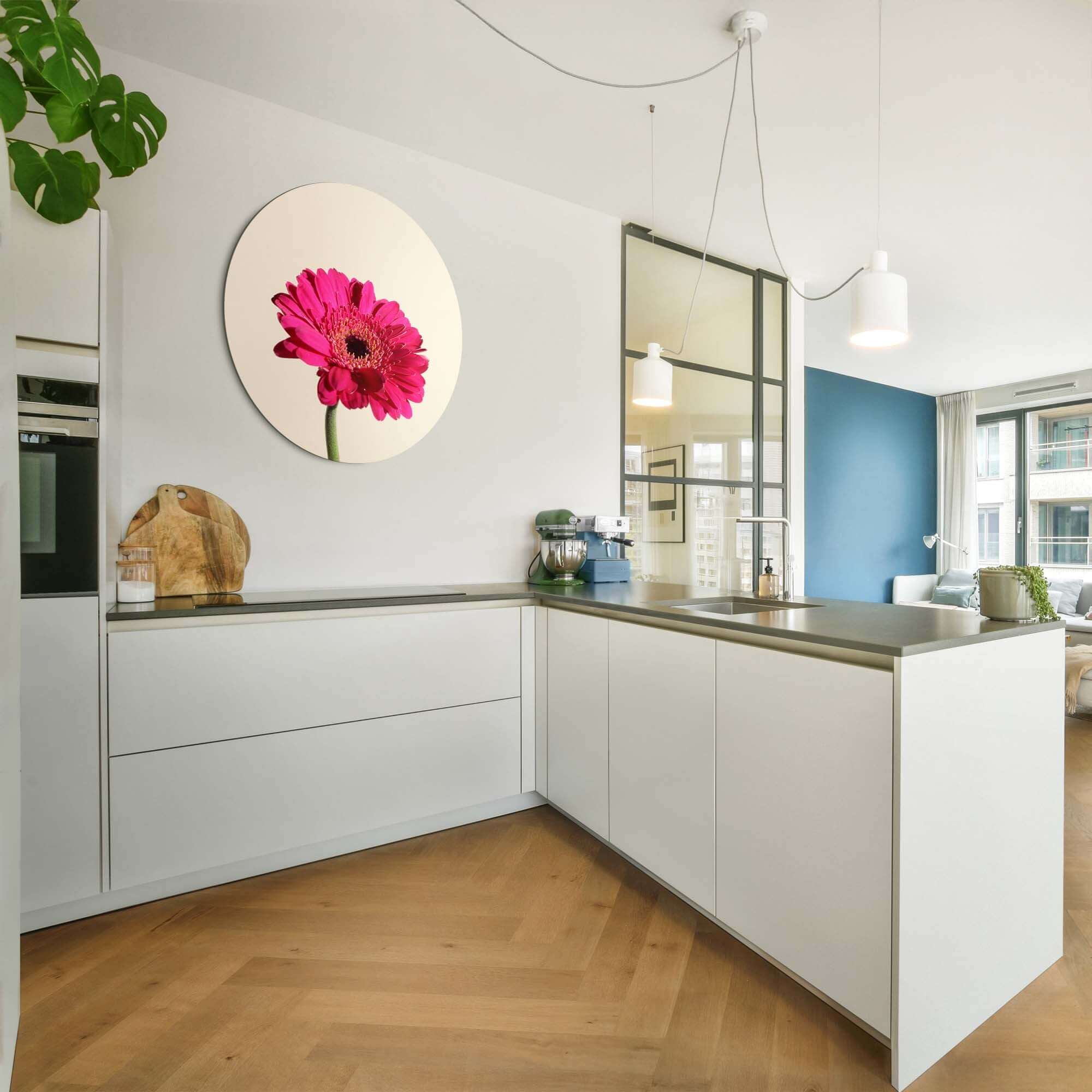 Fuchsia Gerbera - Wandbild an einer modernen Küchenwand, eine stilvolle Ergänzung zu Wandbildern und Wandbildern.