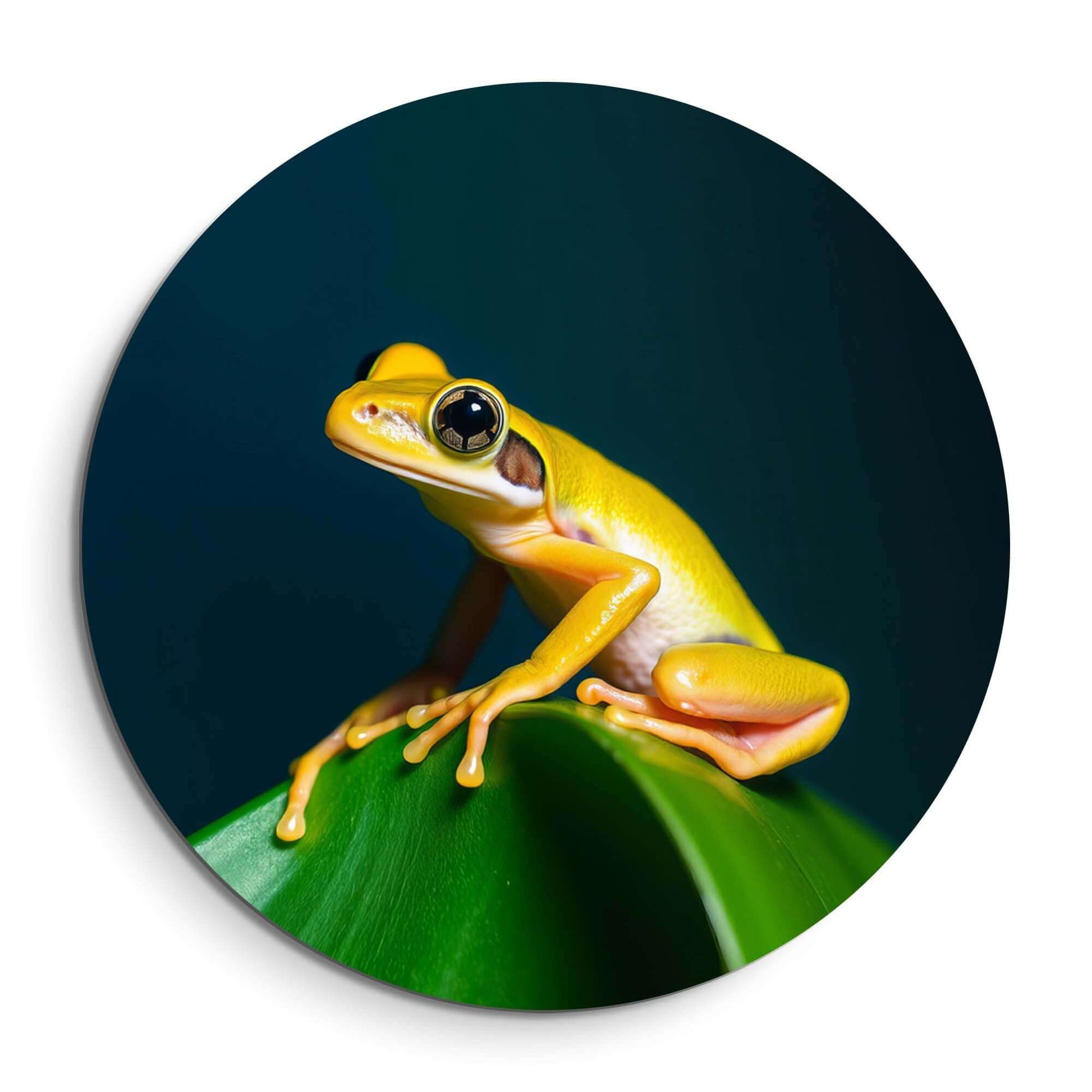 Golden Glow - Wandbild mit einem leuchtend gelben Frosch auf einem glänzend grünen Blatt für einen tropischen Look.