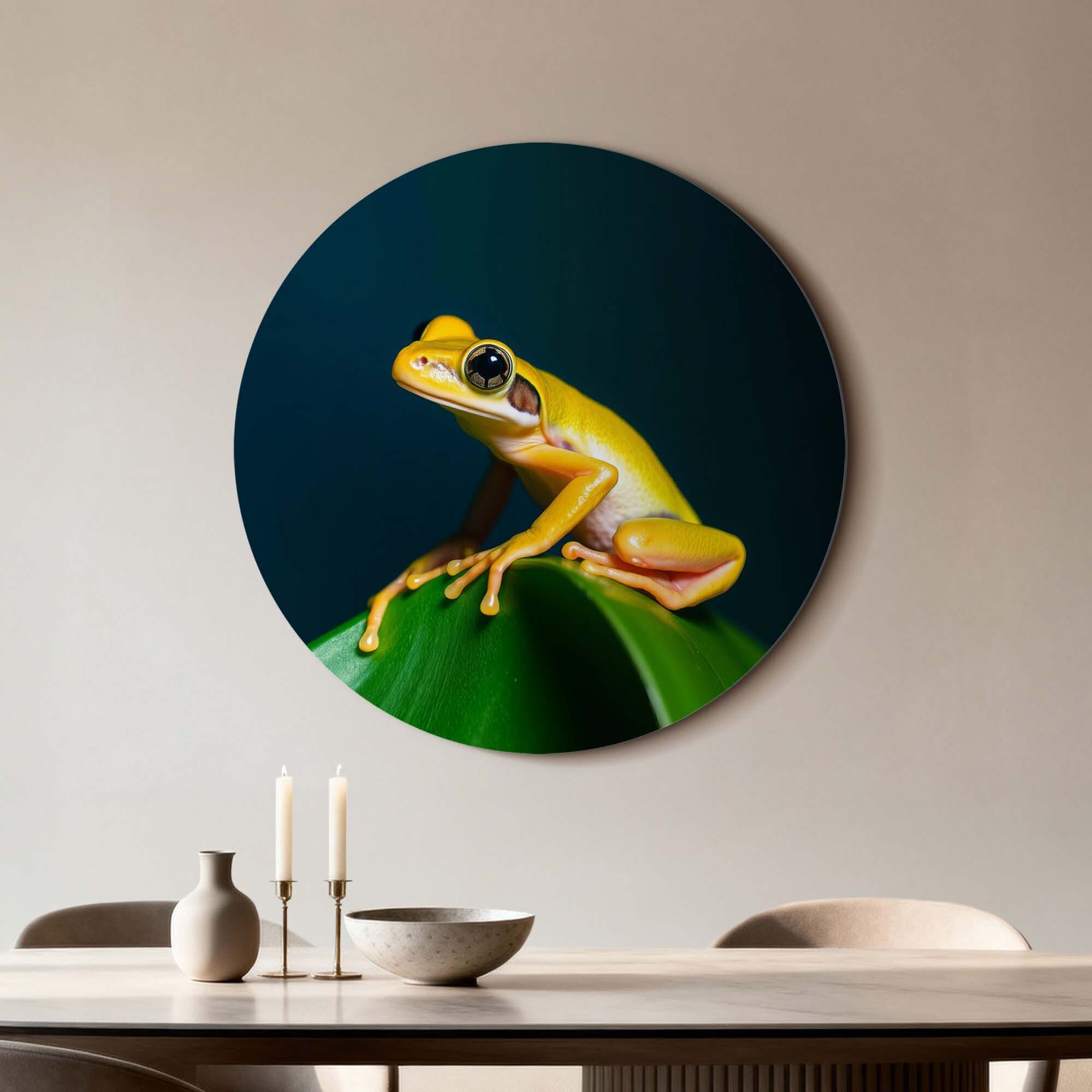 Golden Glow - Wandbild mit einem leuchtend gelben Frosch auf einem grünen Blatt, bringt tropische Energie in Ihr Zuhause.