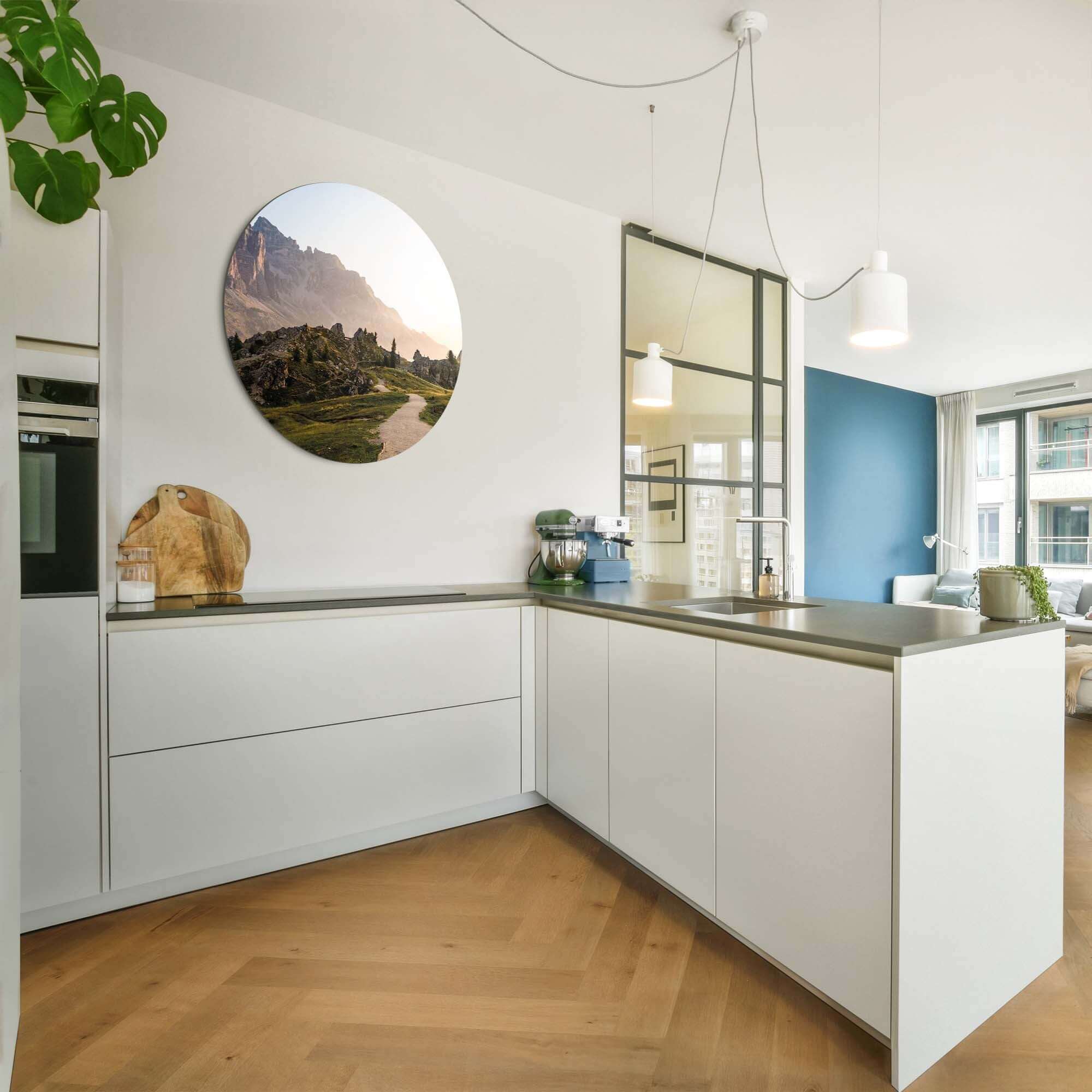 Golden Ridge Trail - Wanddekoration in der modernen Küche, heiterer goldener Bergpfad Wandbild. Geeignet für Wanddekoration.