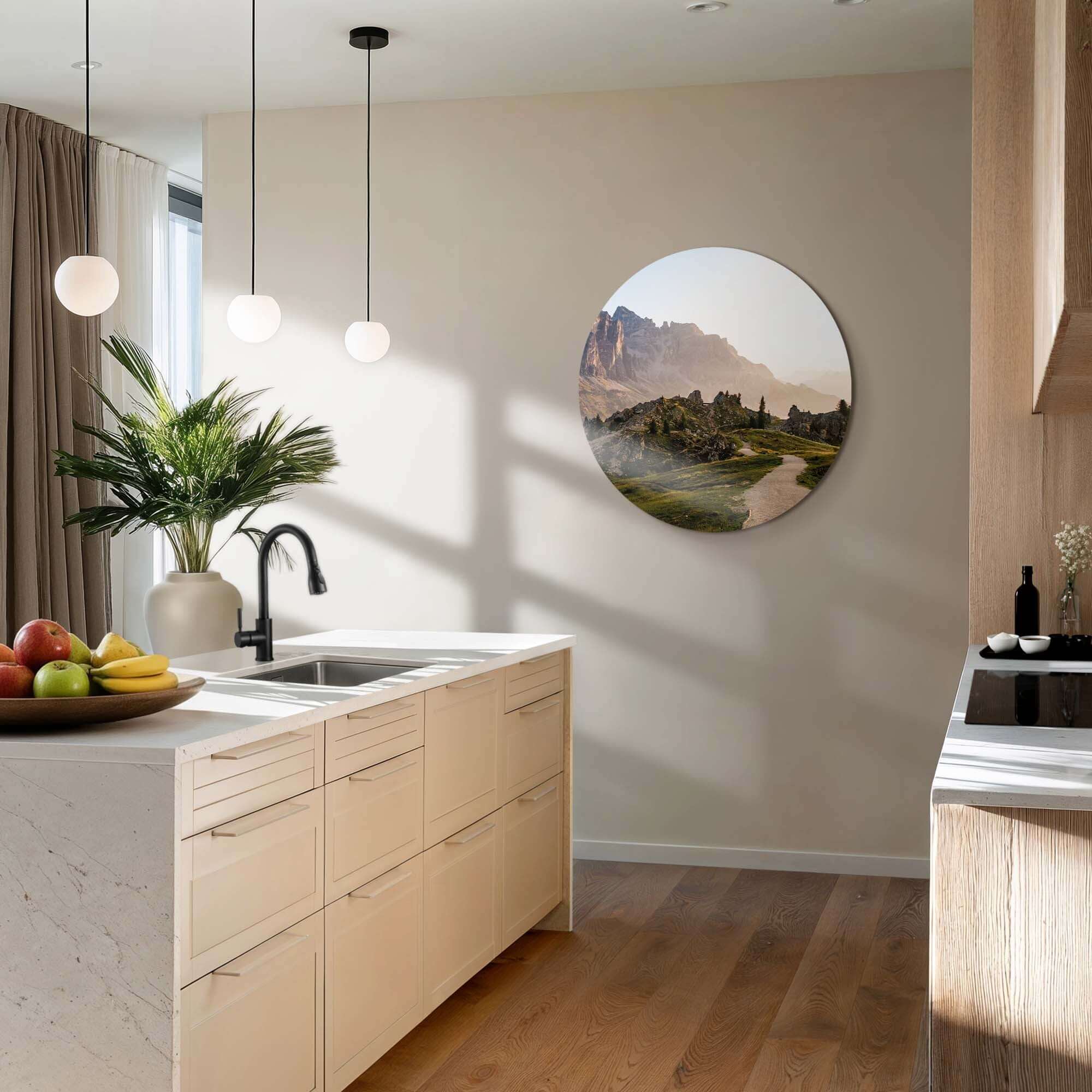 Golden Ridge Trail - Wandbild Wanddekoration in der Küche, heiterer goldener Bergpfad mit Morgensonne, ideal für Wandbild und Wandbild.