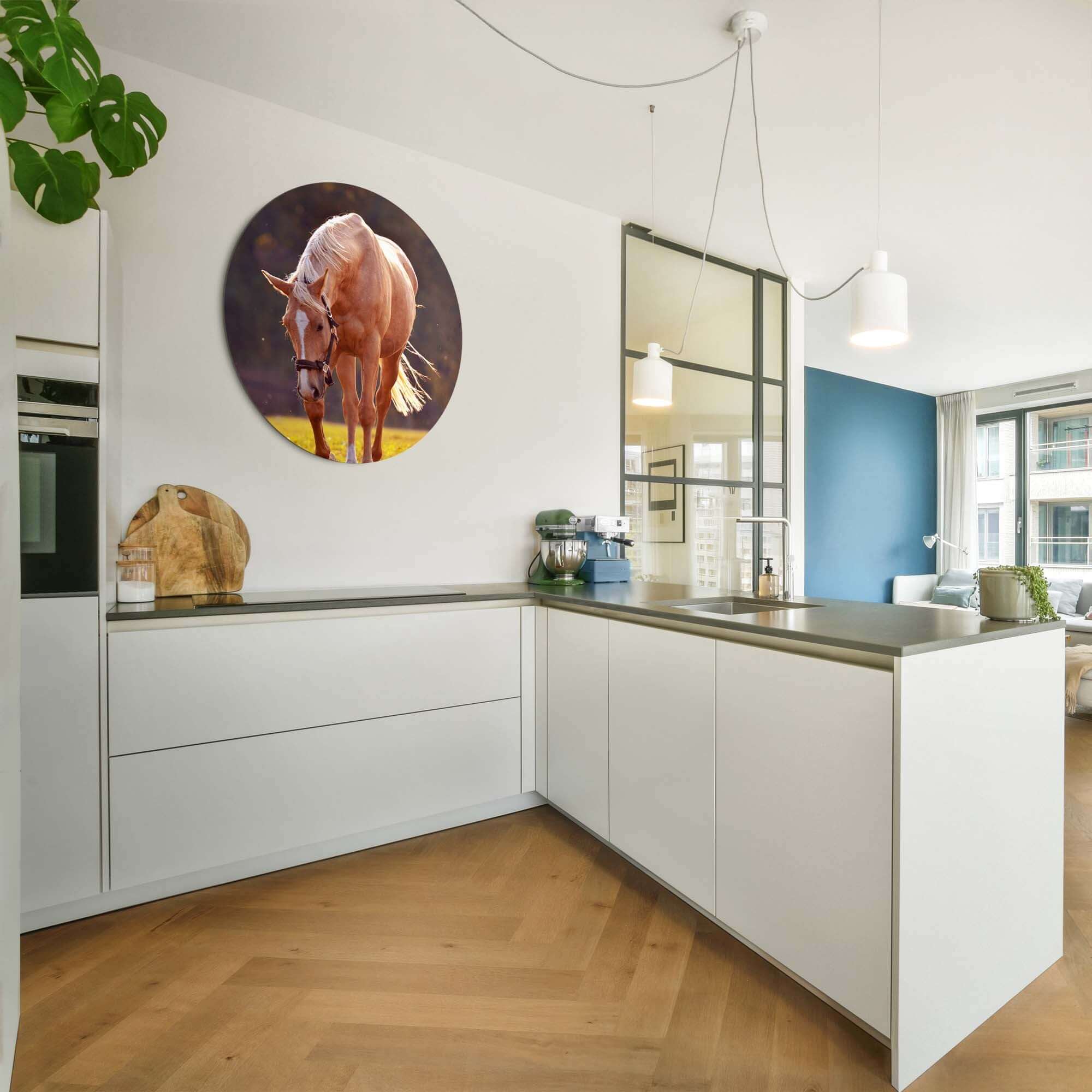 Golden Serenity - Wandbild in moderner Küche mit goldenem Pferd im warmen Abendlicht.