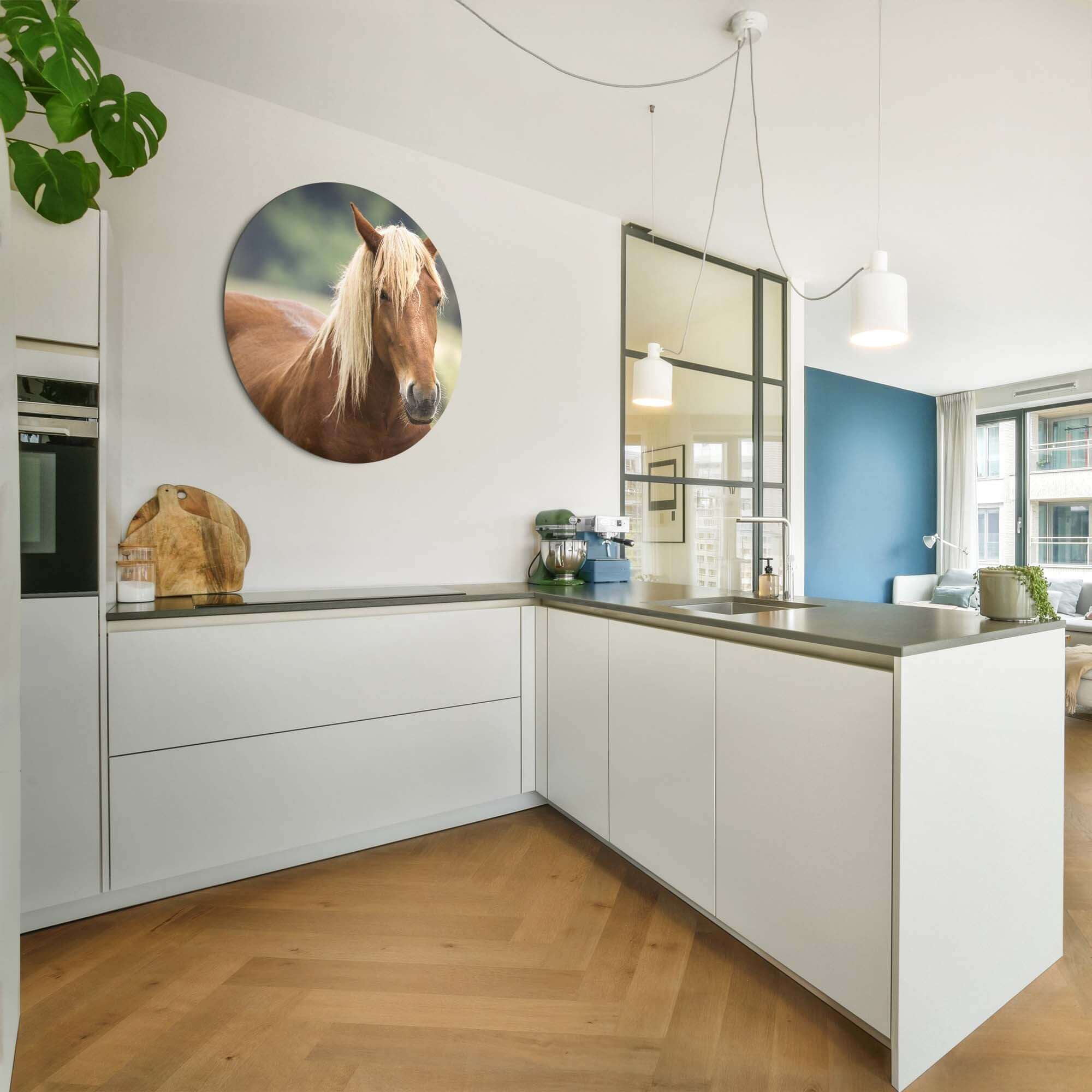 Golden Whisper - Wandbild in einer modernen Küche mit einem Pferd in warmen Abendfarben.
