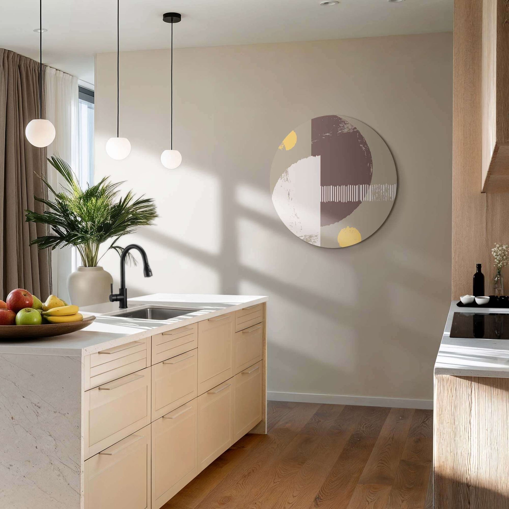 Lunar Balance - Wandbild in moderner Küche mit abstraktem Design, Erdtönen und Gold. Eyecatcher Wandbilder für die Wanddekoration.