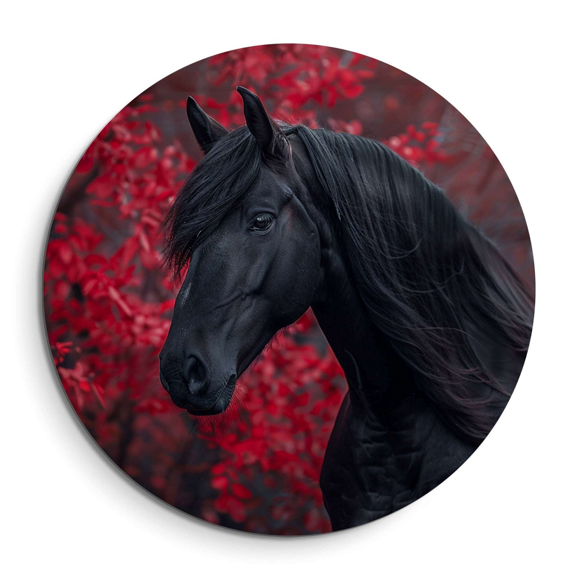 Midnight Ember - Wandbild mit schwarzem Pferd und roten Herbstblättern für stilvolle Wanddekoration.